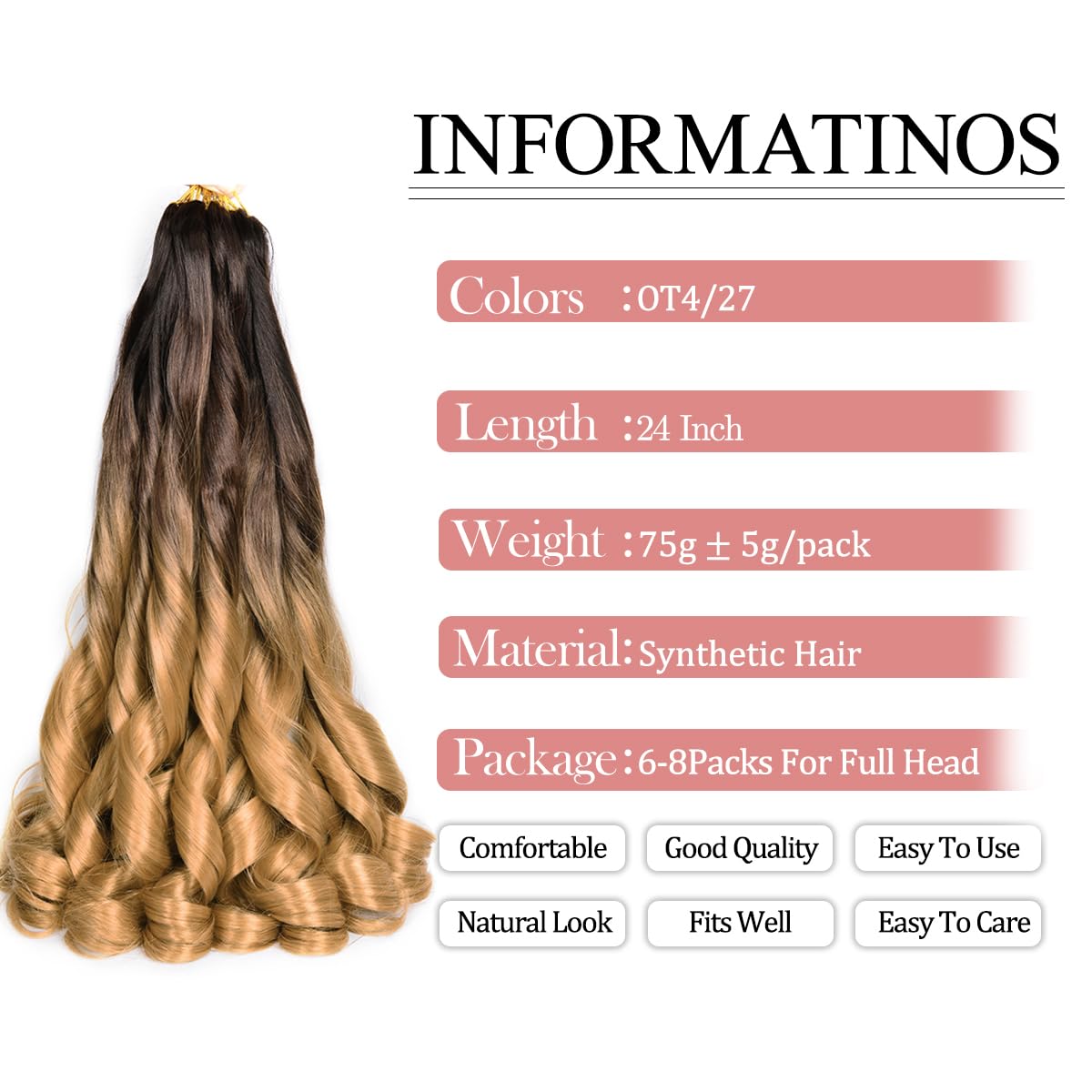 Luoyudu French Curl Braiding Hair, 24 Inch, OT4/27 Ombre Blonde, Pre-Stretched, 75g/pack, 8 Packs for Bouncy Braids, Synthetic