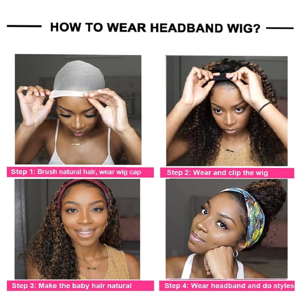 Ombre Headband Wig Human Hair 4/27 Highlight Curly Headband Wigs For Black Women Human Hair 20 Inch Glueless Deep Wave None Lace
