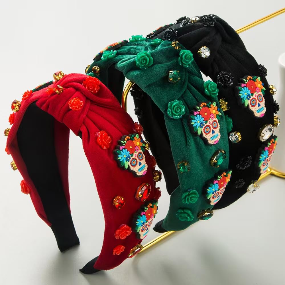 Mixcbe Halloween Sugar Skull Headbands for Women Day of the Dead Skull Flower Green Headband Festival Rhinestone Knotted Twist W