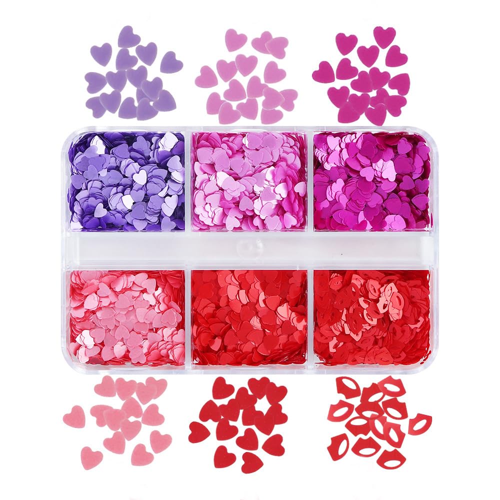 6 Grids Valentine'S Day Nail Art Glitter Sequins Kits - 3D Heart Lips Nail Glitters Valentine Nail Stickers Decal For Shining Fl