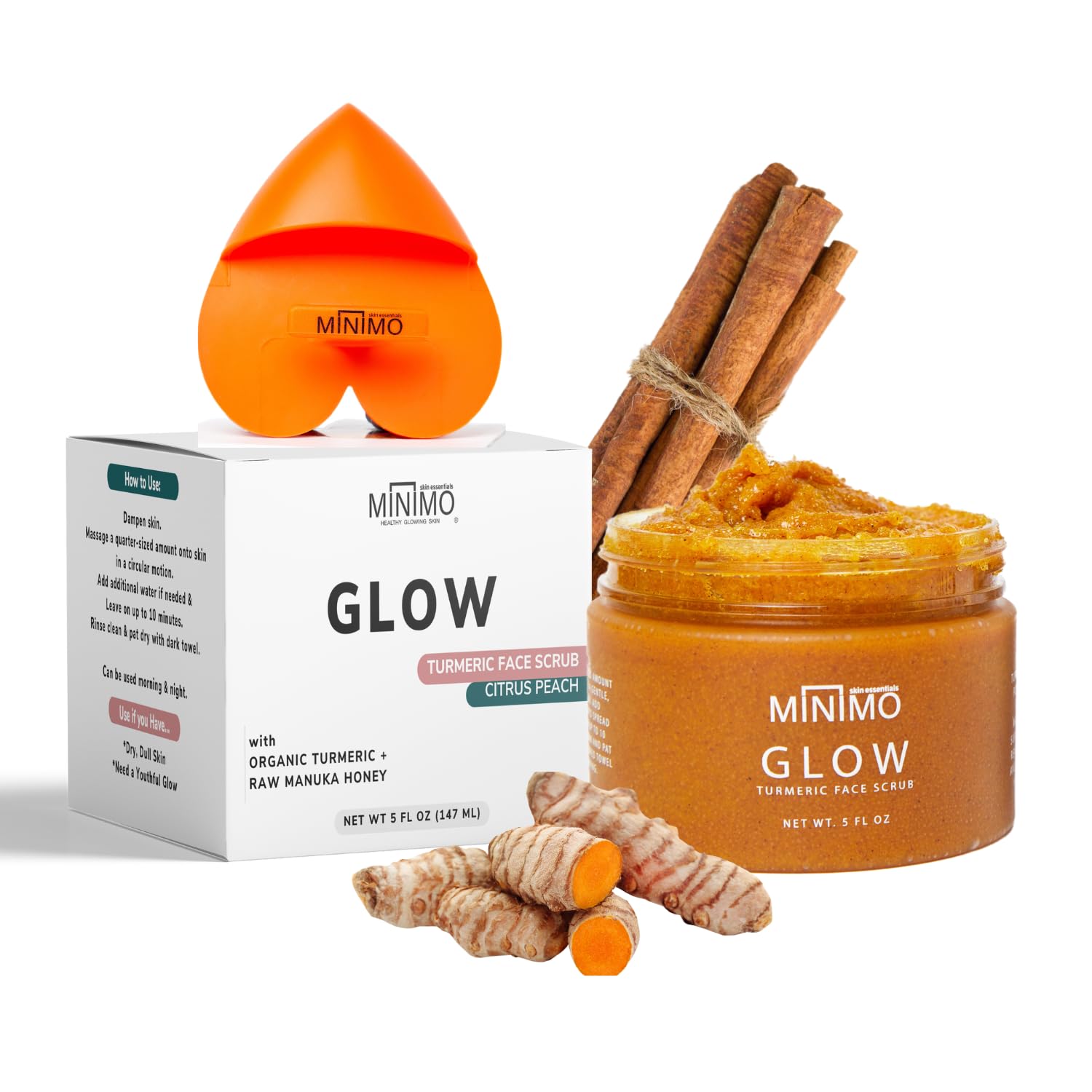 Minimo Glow Turmeric Face Scrub With Heart Applicator - Infused with Turmeric, Manuka Honey, Cinnamon, and Chamomile - Unscented