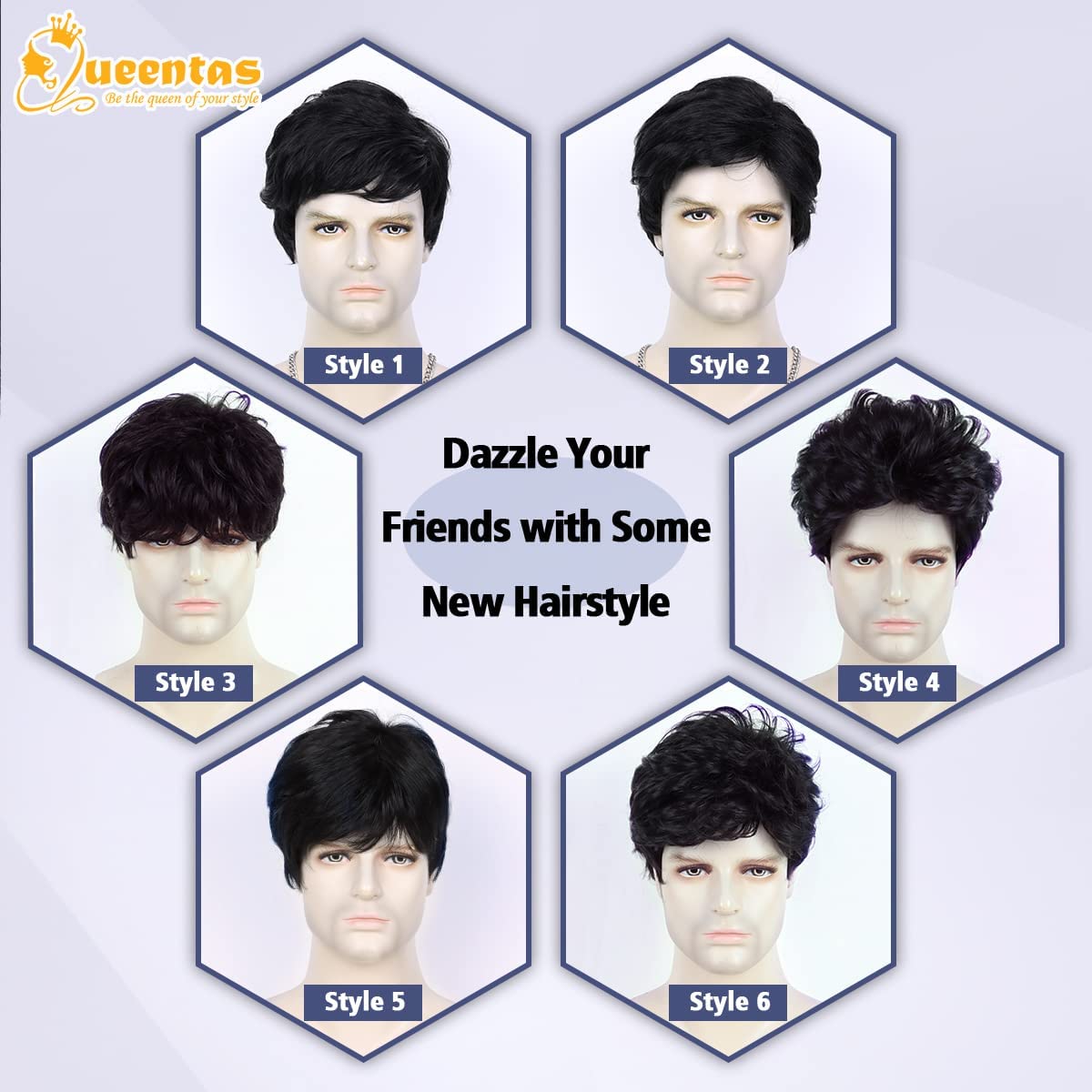QUEENTAS Mens Wig Short Hair, Mens Hair Replacement Wigs Mens's Black Wig for Men Hair Full Wig for Male Guy Christmas Costume P