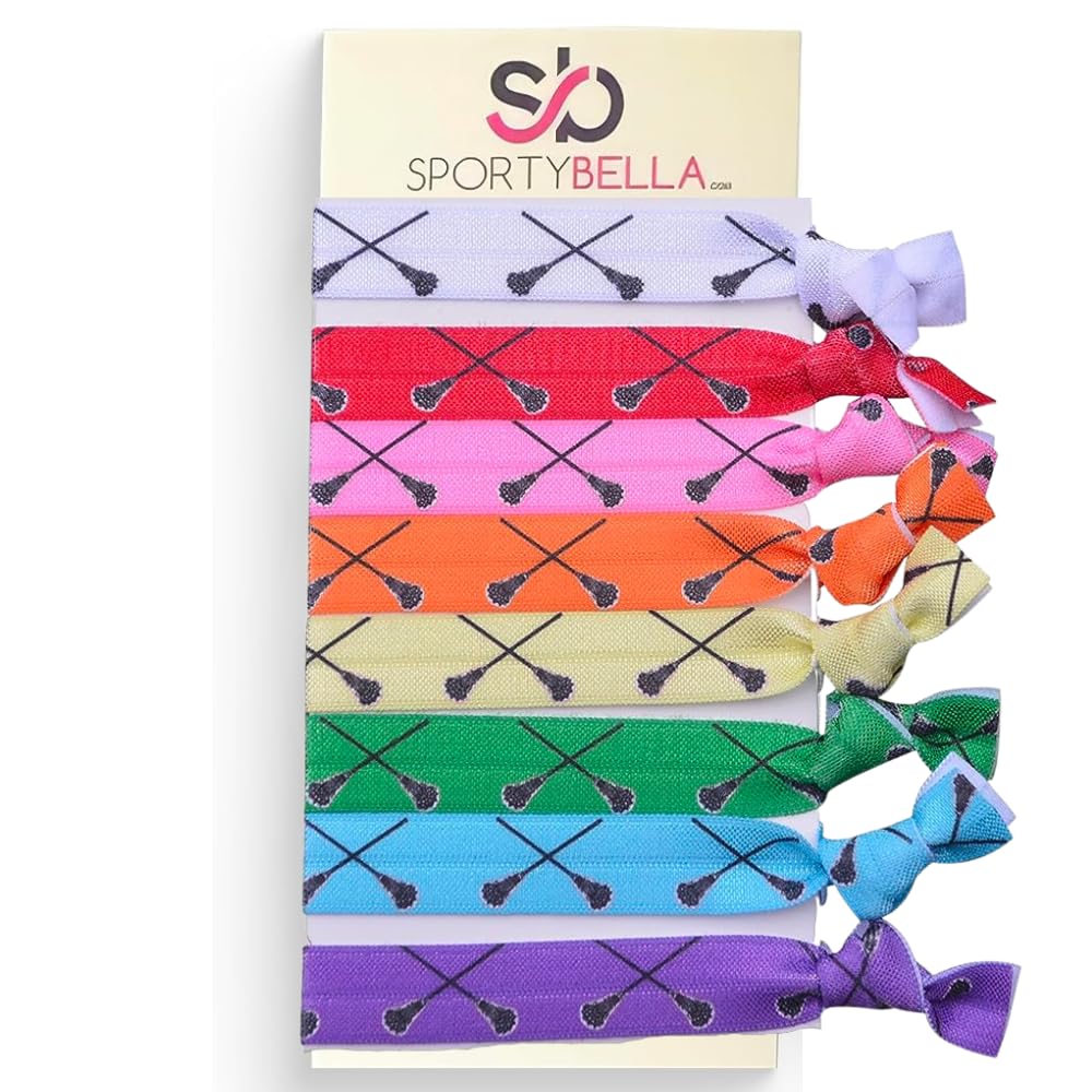 Multi-Colored Hair Ties with Lacrosse Design for Girls - No Crease Ponytail Elastics for Lacrosse Players (8 pcs) - by SPORTYBEL