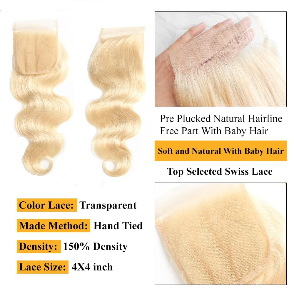 Qthair 14A Brazilian Blonde #613 Body Wave 4X4 Lace Closure Transparent Lace Frontal Closure 12Inch 100% Blonde Human Hair Body