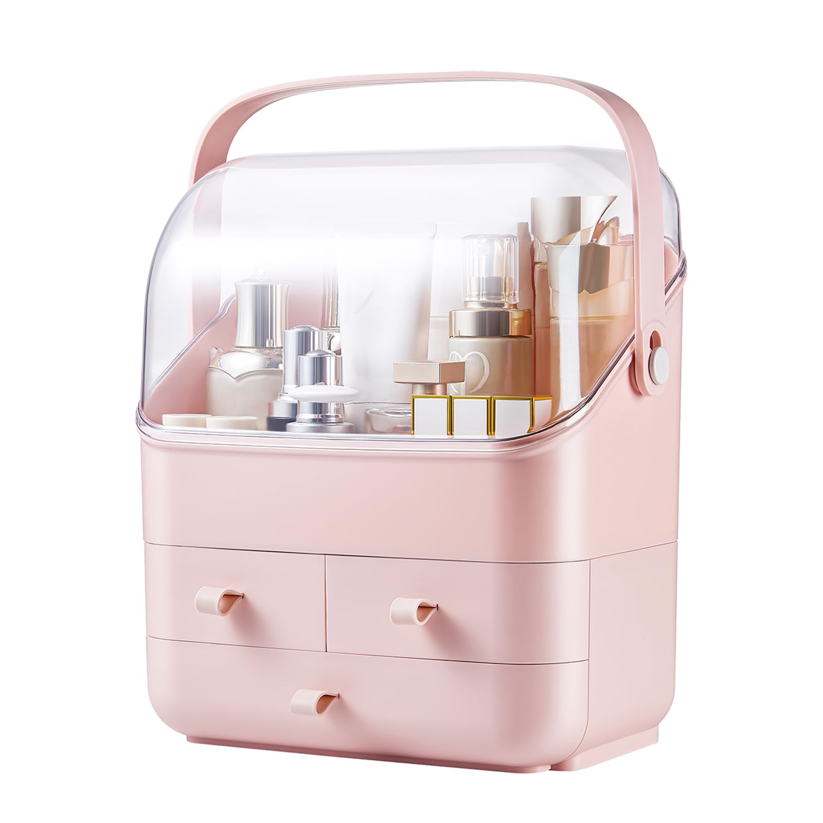 Sunficon Pink Makeup Organizer Holder Cosmetic Storage Box With Dust Free Cover Portable Handle,Fully Open Waterproof Lid, Dust