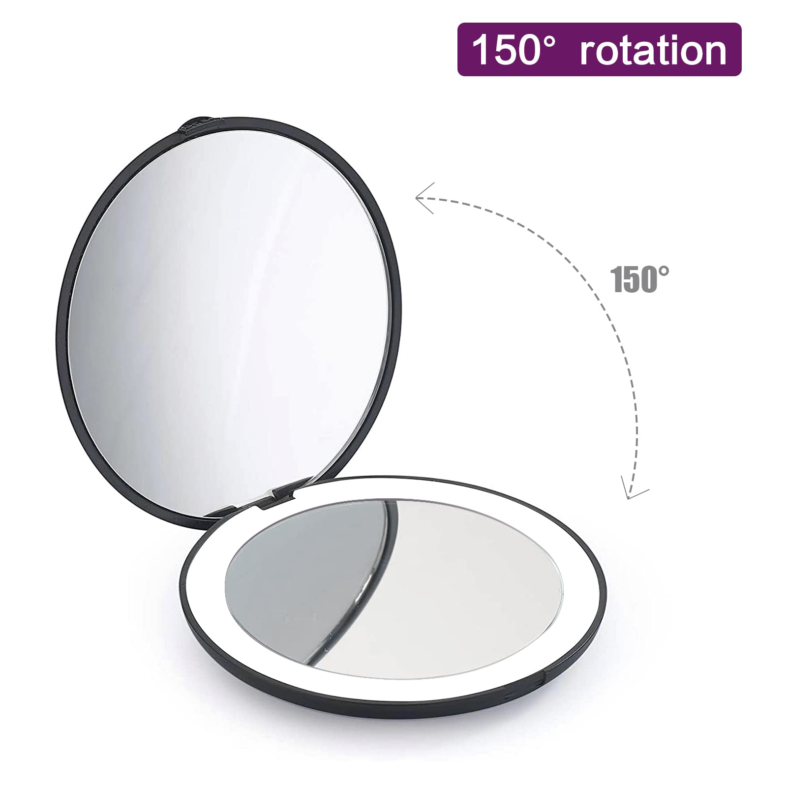 Wobsion 1X/10X Magnification Compact Mirror For Purses,Compact Mirror With Light,Handheld 2-Sided Mirror,Travel Makeup Mirror,3.