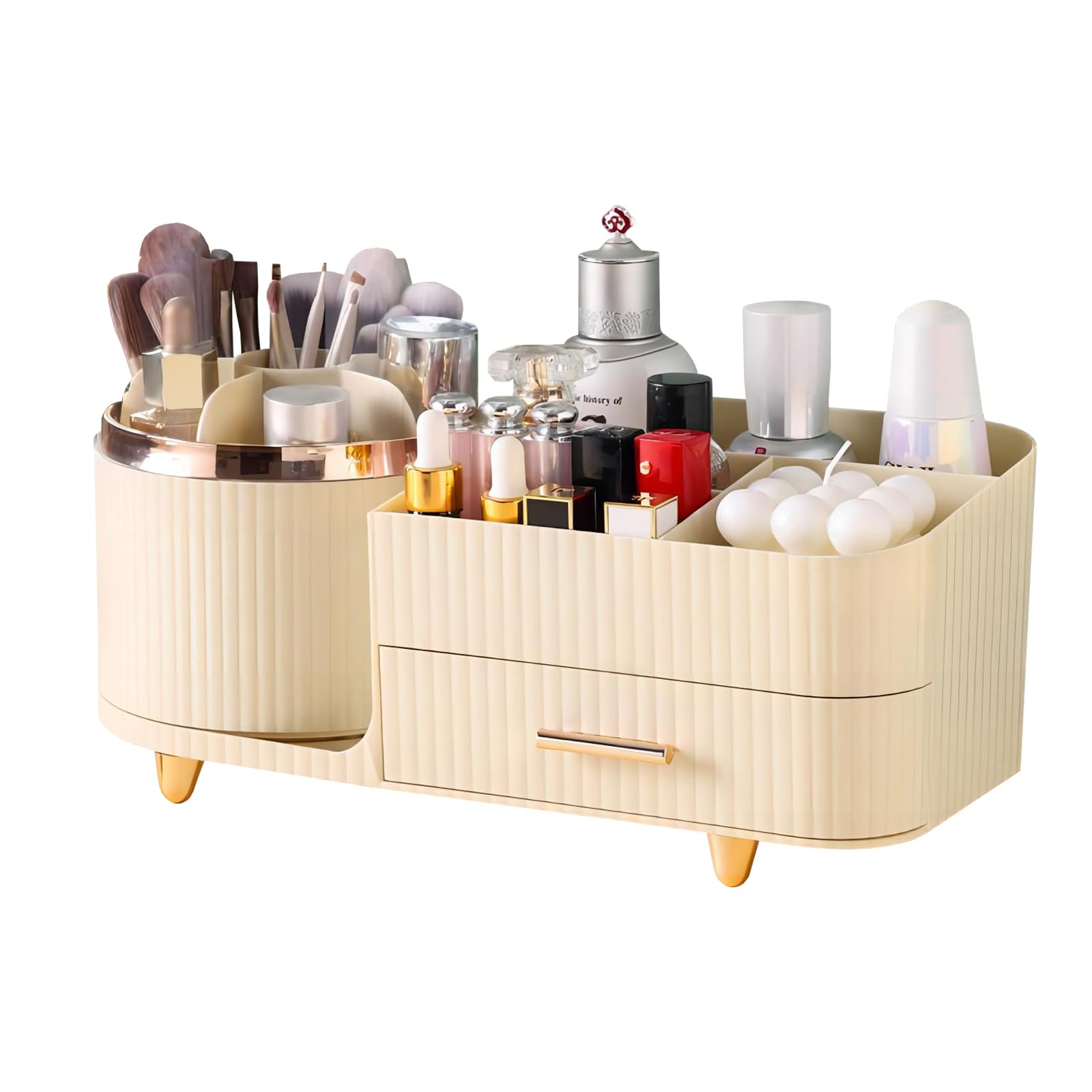 DASITON 360 Rotating Makeup Organizer with Drawers-Large Capacity Cosmetic Display Case for Skincare,Brushes,Eyeshadow&Lipstick(