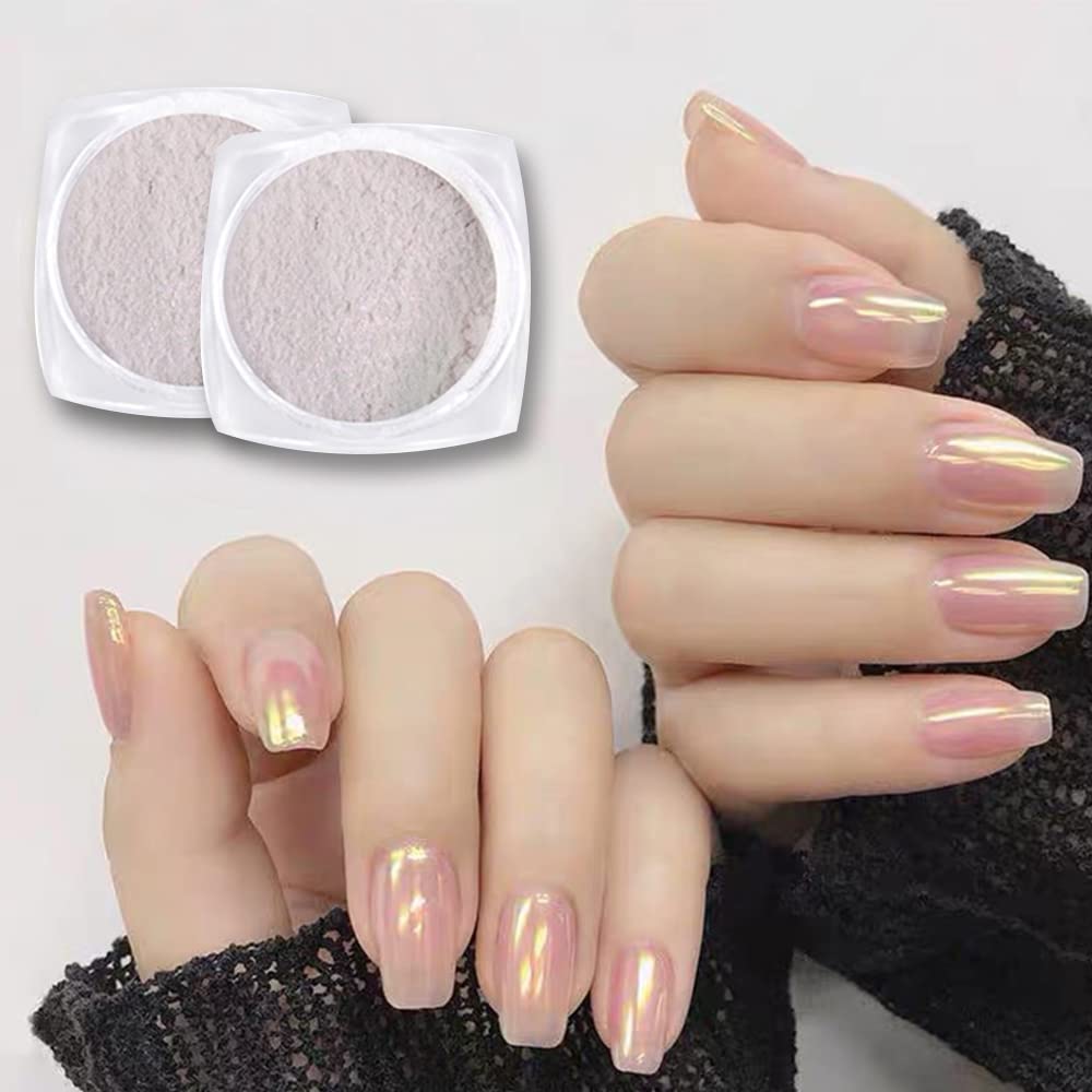 2 Boxes Pearl Chrome Nail Powder Glazed Gold White Pearl Chrome Nails Powder Holographic Ice Transparent Aurora Moonlight Manicu