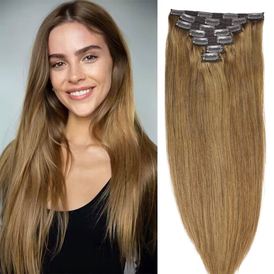 20'' Clip in Human Hair Extensions Full Head 180g 7 Pieces 16 Clips 8# Light Brown Double Weft Brazilian Real Remy Hair Extensio