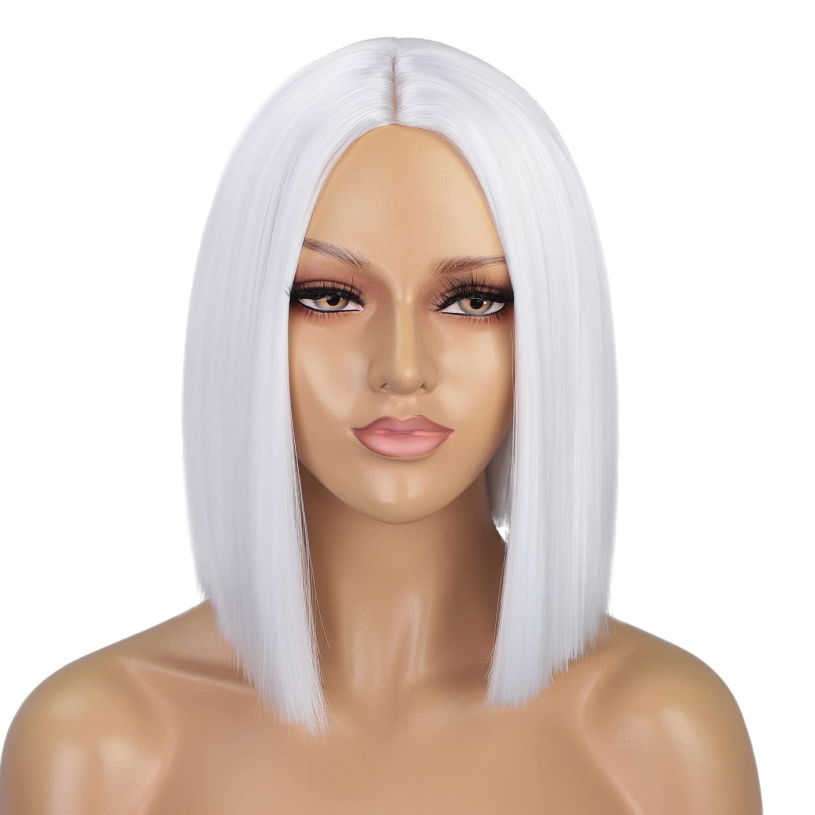 ENTRANCED STYLES White Wig Short Bob Wigs for Women 12Inch Heat Resistant Middle Part Straight Synthetic Wig Party Costume Hallo