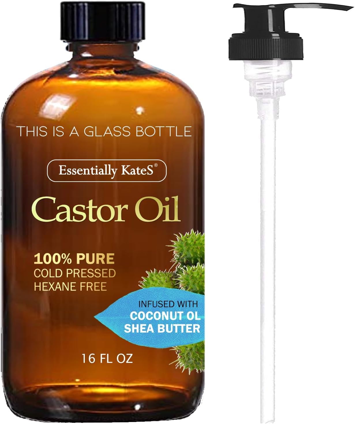 Essentially Kates Castor Oil 16 Fl Oz (Glass Bottle) - Coconut Oil + Shea Butter - A Huge Glass Bottle With A Pump - 100% Pure A