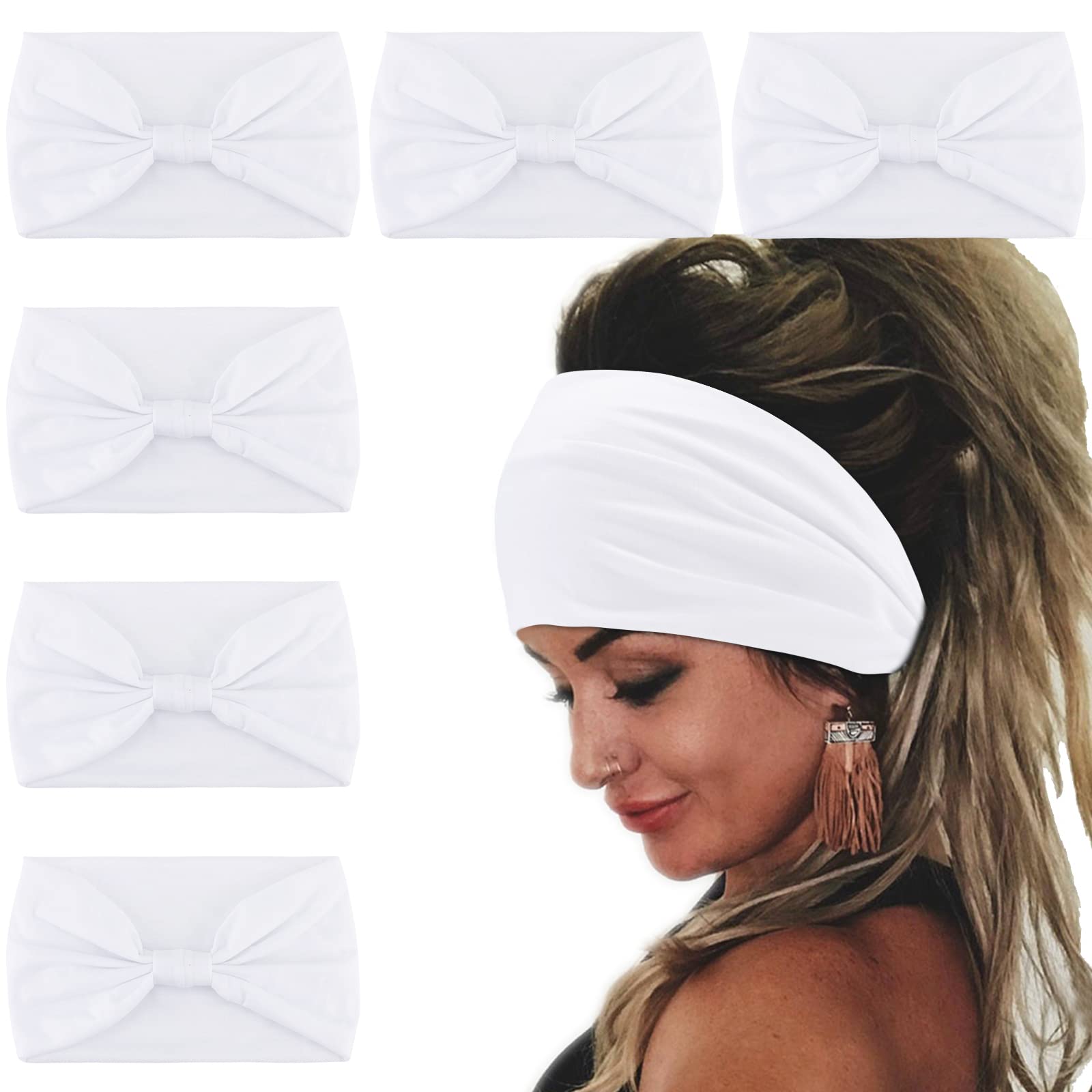 Wecoe 6 Pack White Headbands for Women Wide Elastic Headbands Fashion African Headbands For Wigs Head Wrap Knotted Headbands Spo