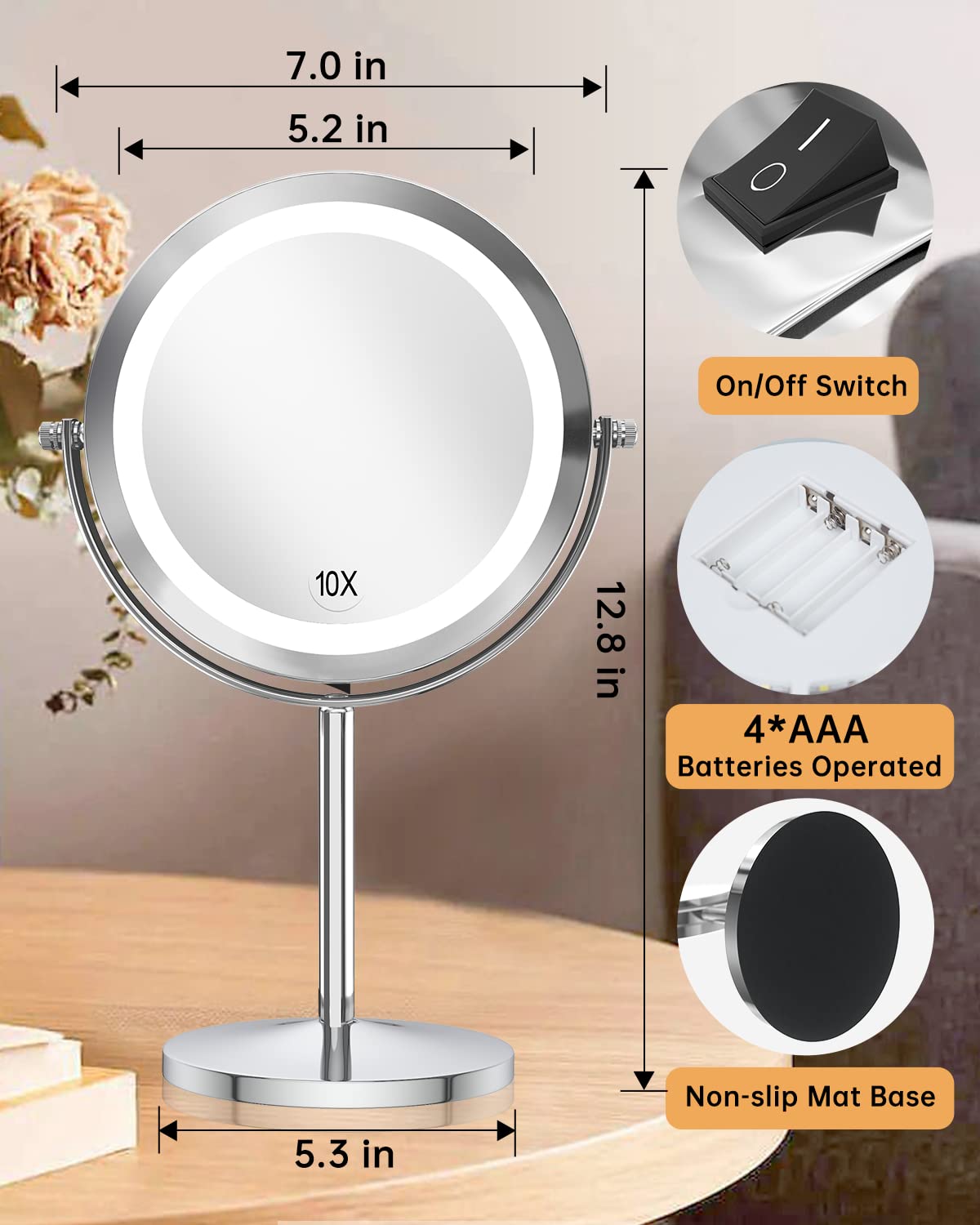 1X/10x Magnified Lighted Makeup Mirror Double Sided Round Magnifying Mirror Standing 360 Degree Swivel Vanity Mirror Battery Ope