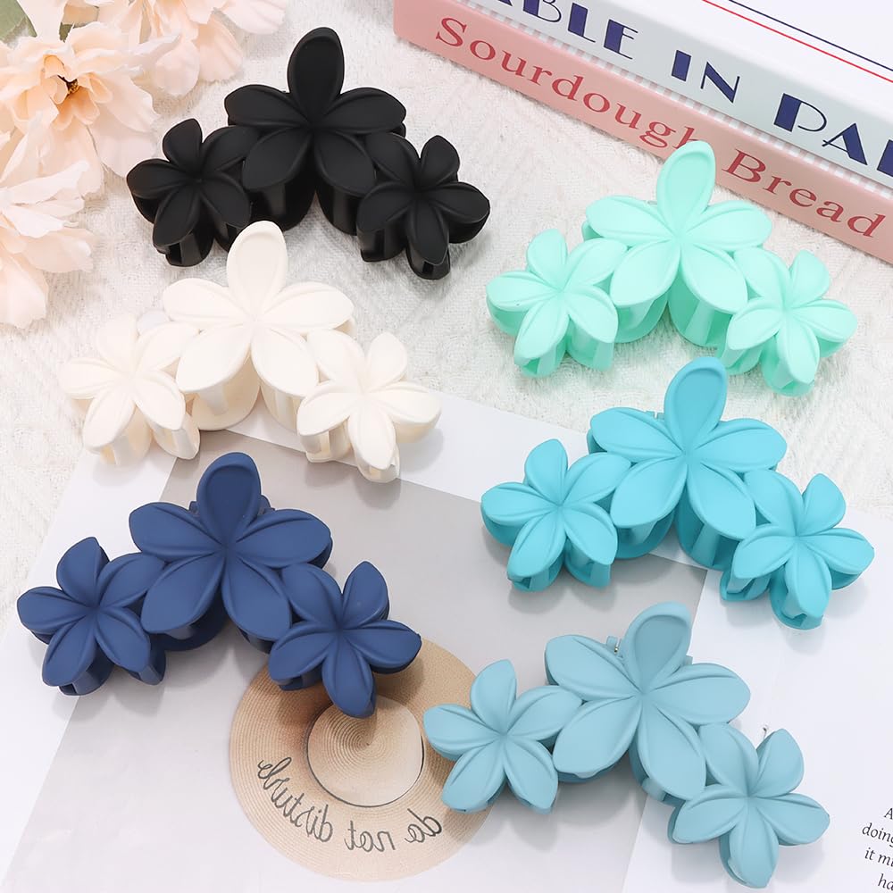Ahoney 6PCS Blue Flower Hair Clips for Women Strong Hold Nonslip, Big Flower Claw Clip for Thick Hair, Hawaiian Cute Hair Clips