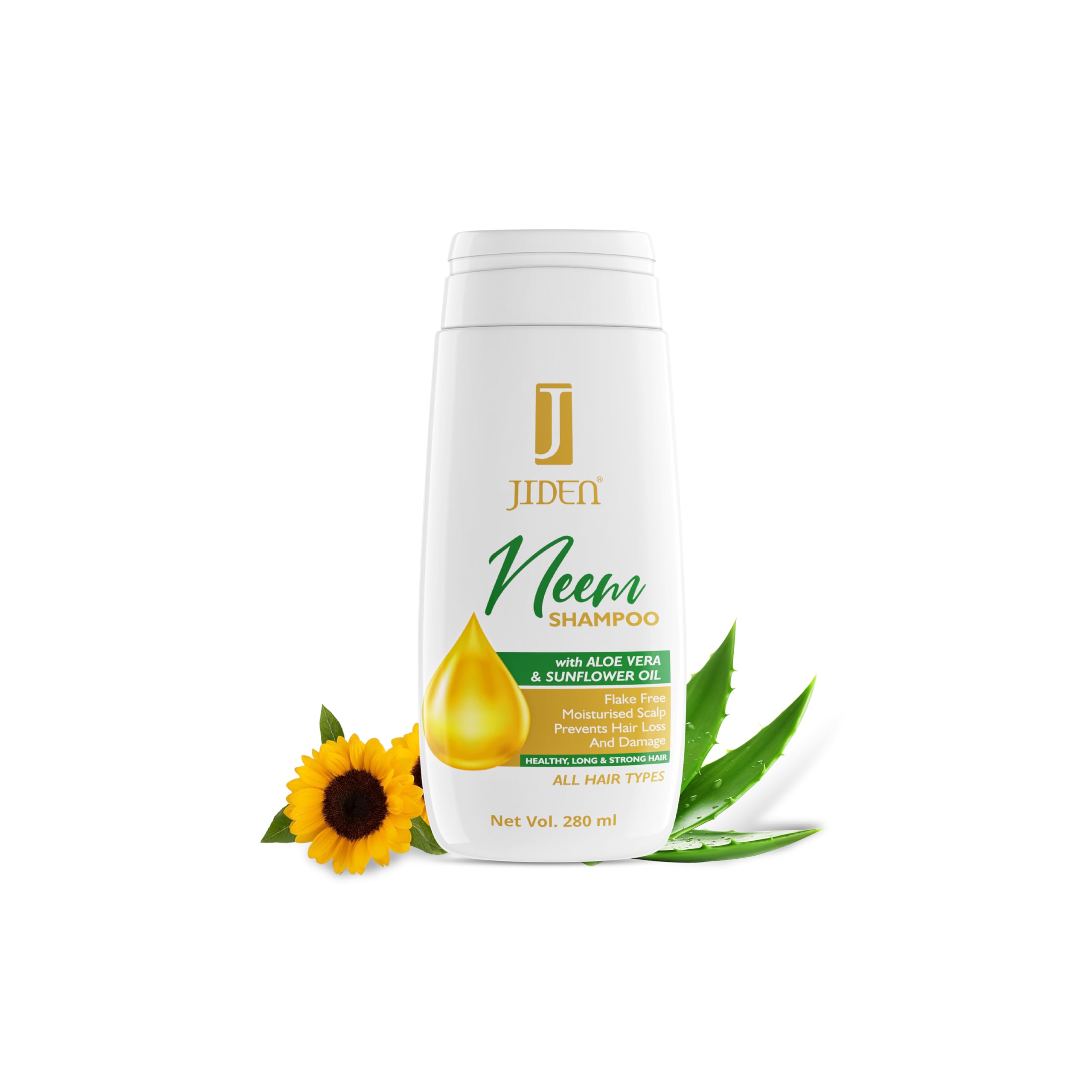 Jiden Neem Shampoo With Aloe Vera & Sunflower Oil  280 Ml, Healthy & Strong Hair, Flake Free, Moisturized Scalp, Prevents Hair 