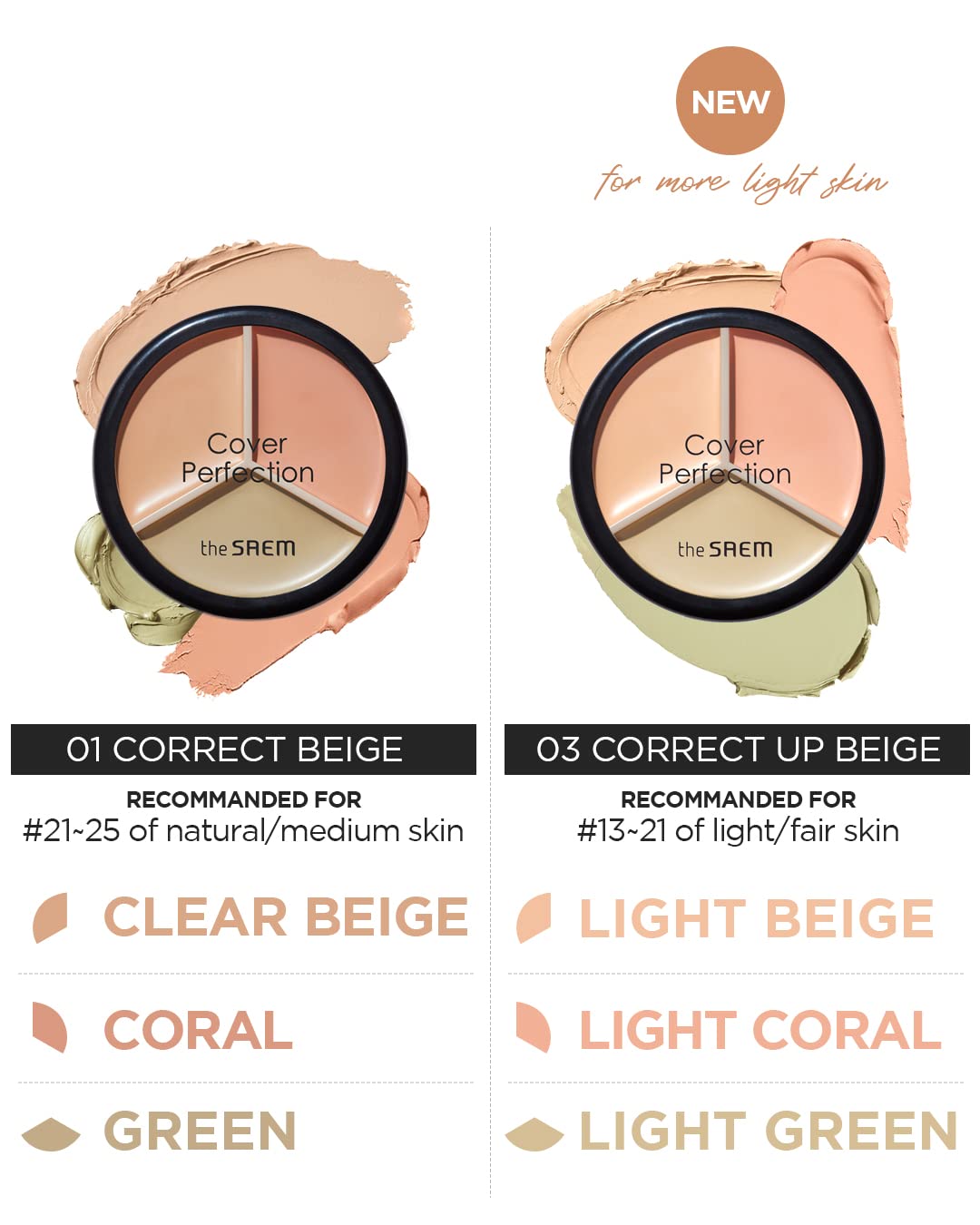 The Saem Cover Perfection Triple Pot Concealer - 3 Color Concealer With Clear Beige, Green & Peach Shades - Full Coverage Concea