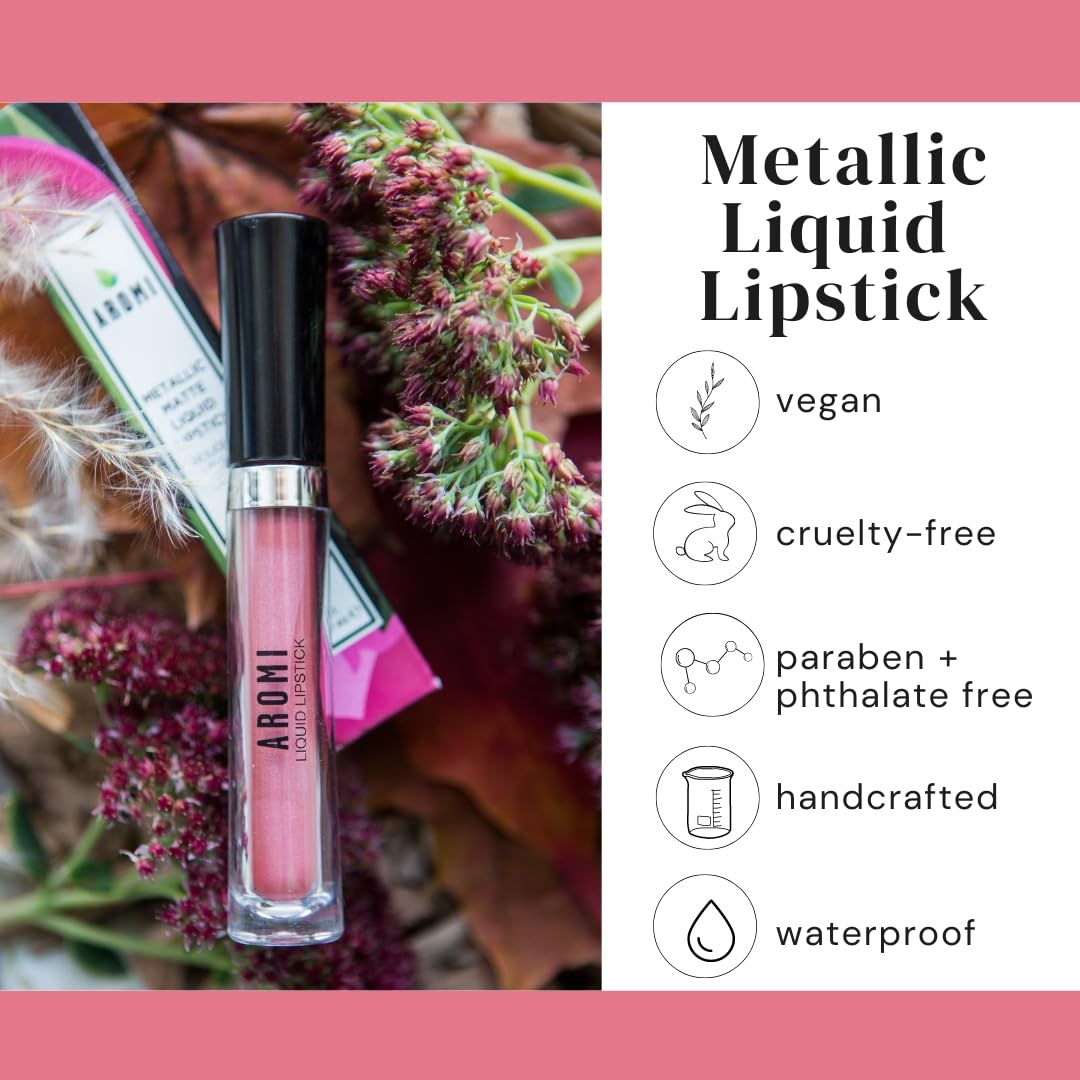 Aromi Metallic Liquid Lipstick | Rosy Peach Lip Color With Shimmery Finish, Vegan. Cruelty-Free, Long-Lasting And Smudge Proof,
