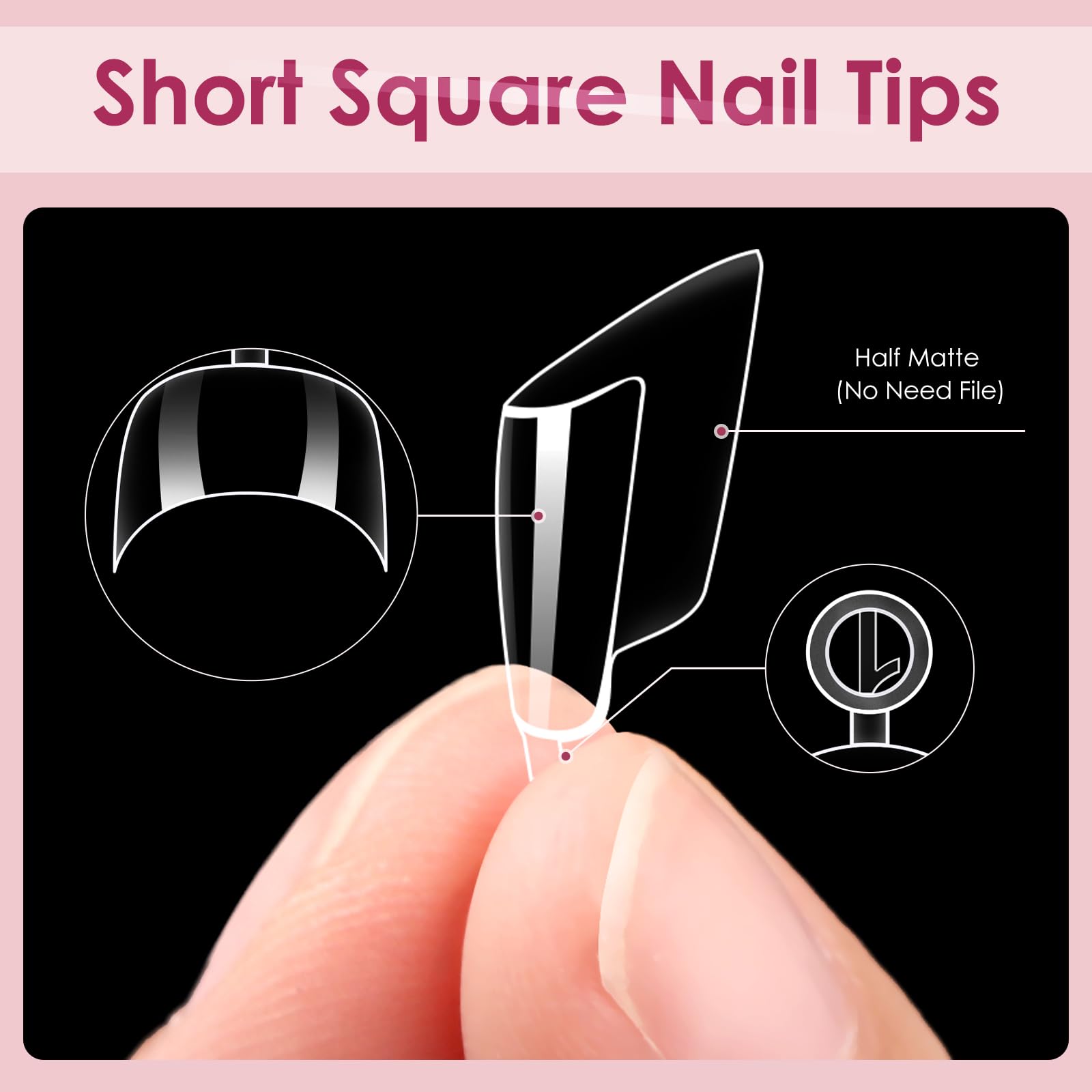 Lionvison 600Pcs Short Nail Tips Half Cover: Clear Square Nail Tips With Handles For Acrylic Nail Salon With Box 12 Sizes