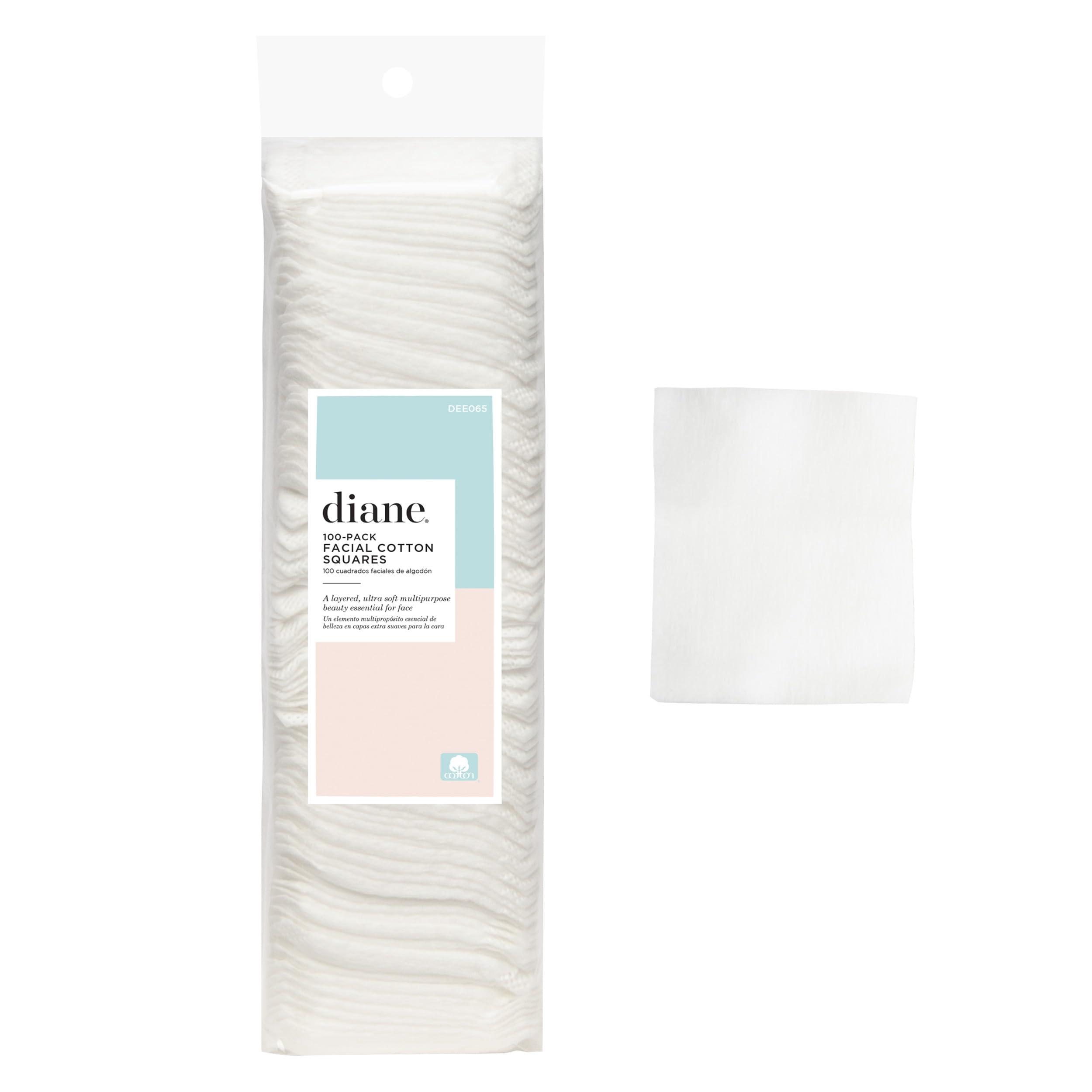 Diane Multi-Layer Cotton Facial Square Pads, 100 count, 100% Pure Cotton, Hypoallergenic, Biodegradable, Strong and Durable Make