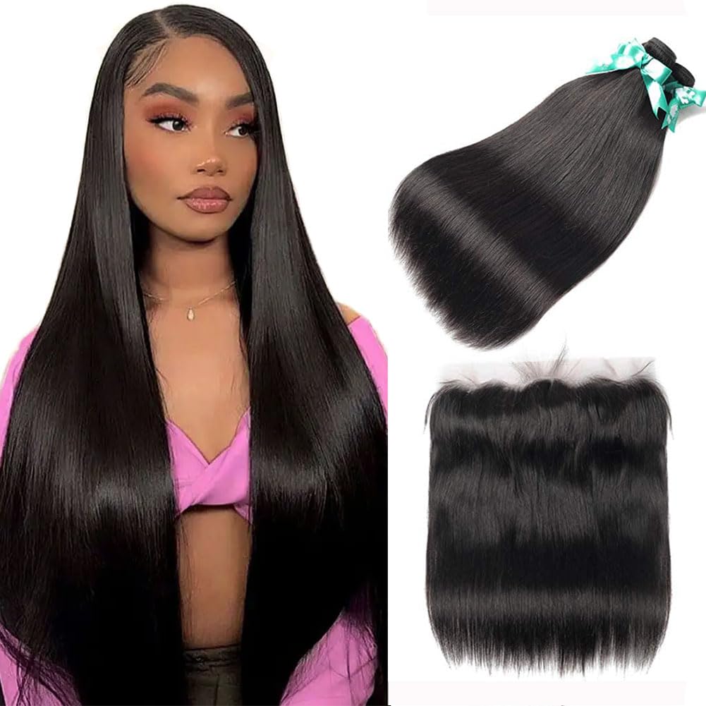 Brazilian Lace Frontal with 3 Bundles Straight Virgin Hair Weave 13x4 Ear to Ear Frontal Lace Closure with Baby Hair 8A Unproces