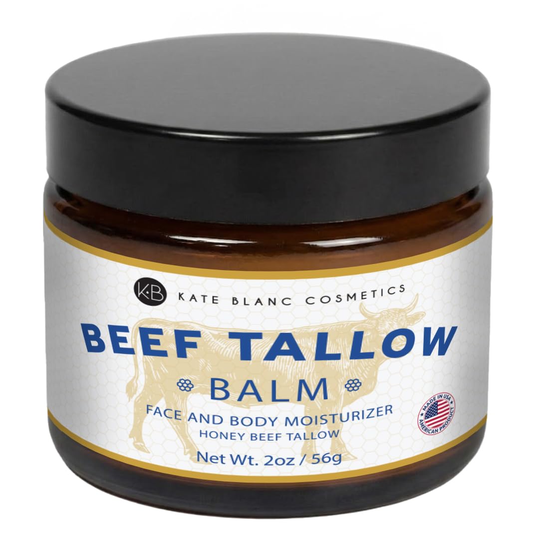 Kate Blanc Cosmetics Beef Tallow Balm with Honey and Olive Oil, 2 oz - Deep Moisturizing Face & Body Balm for Dry, Sensitive Ski