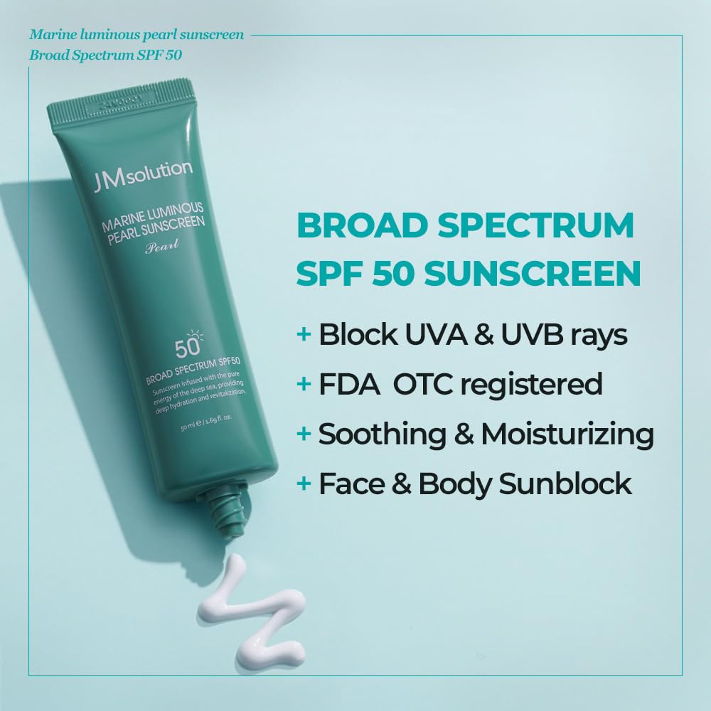 JMsolution Marine Luminous Pearl Sunscreen SPF50 Broad Spectrum UV Protection, Moisturizing & Lightweight, No White Cast, 1.69 f