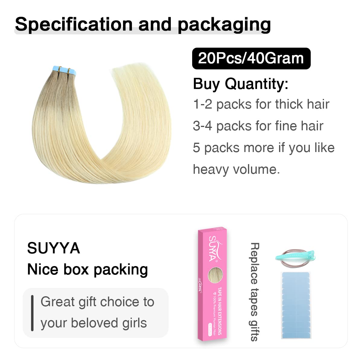 Suyya Tape In Hair Extensions Human Hair Balayage Ash Blonde To Medium Blonde And Platinum Blonde 40G/Pack 20Pcs Straight Seamle