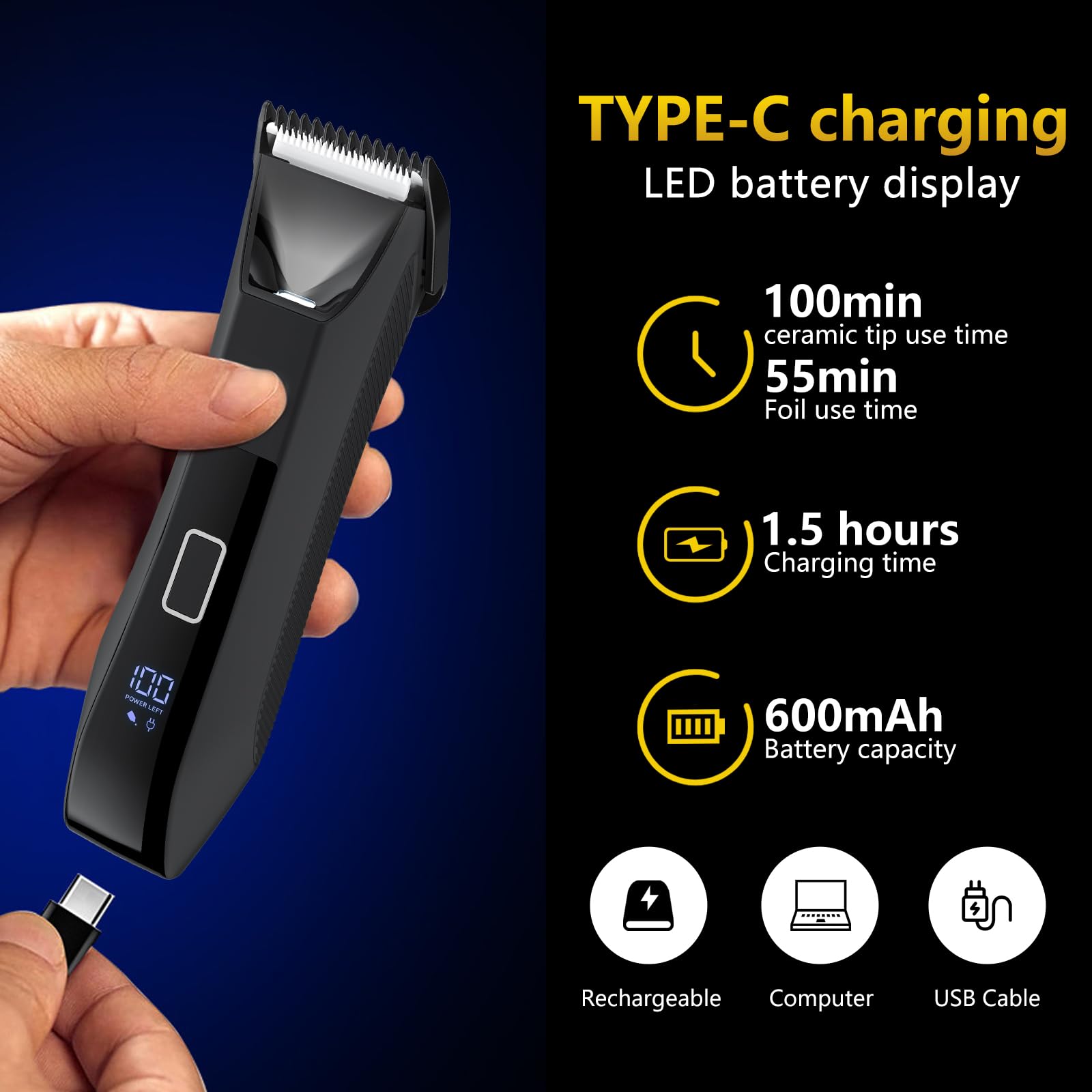 Bomic Professional Ball Trimmer for Men - 2-in-1 Groomer, IPX7 Waterproof, Ceramic Blade, Lightweight, Black, Model 351-new