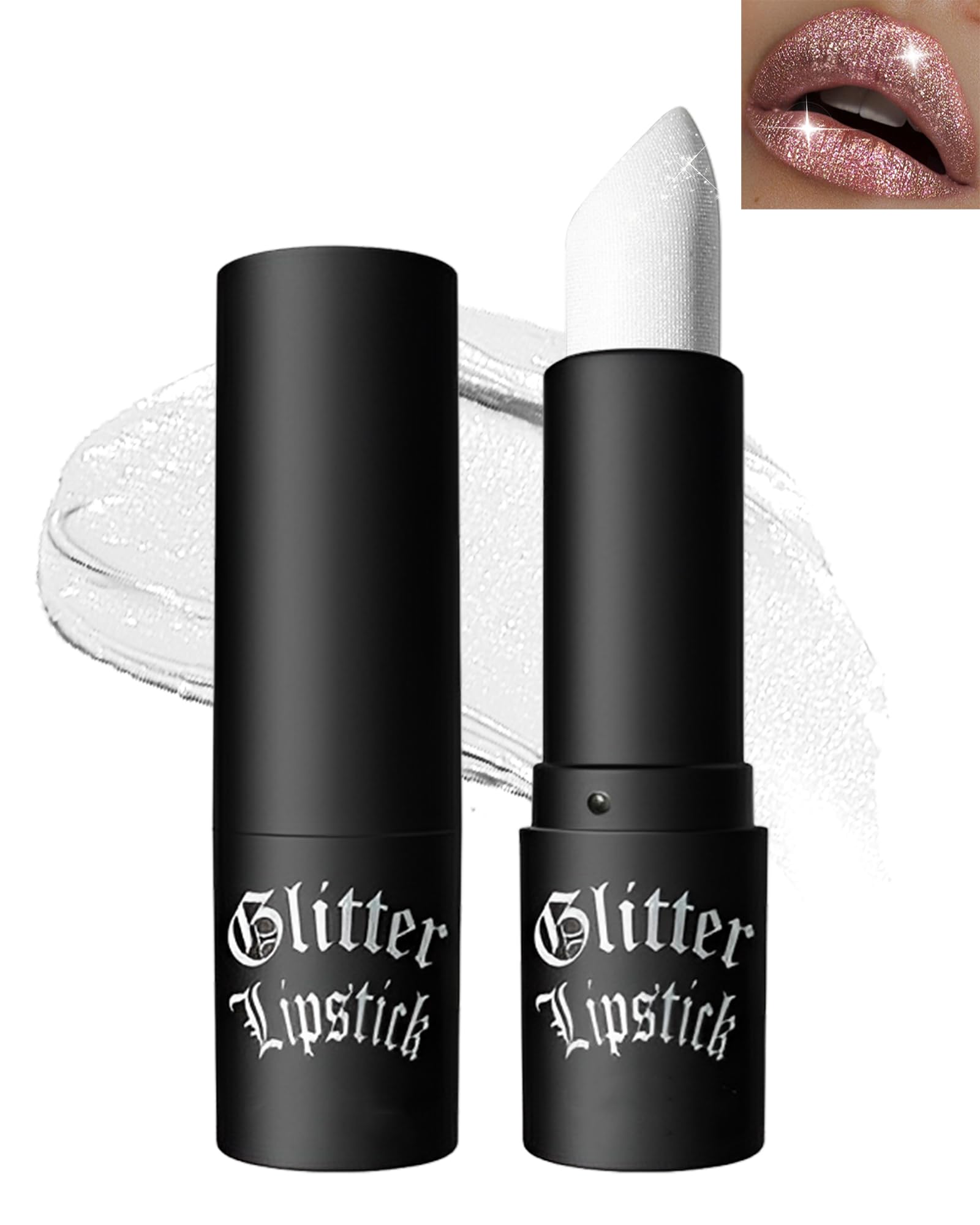 White Diamond Glitter Matte Lipstick, Gothic Shiny Lip Gloss, Sparkling High Pigment Longlasting Waterproof Smudgeproof Non-Stic