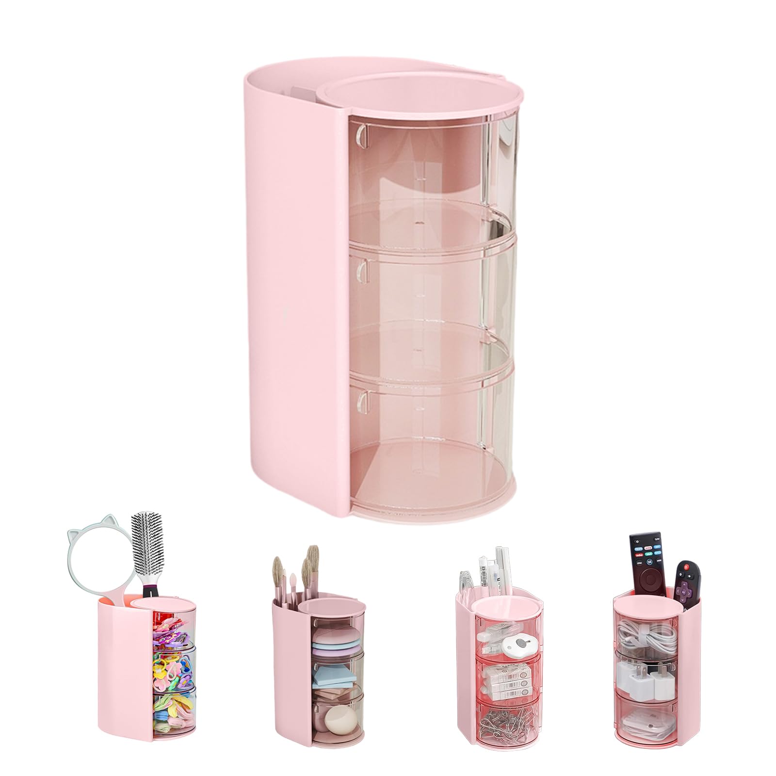 Arsenova Hair Accessories Organizer,Rotating 3Tier Pink Storage Tower,Multifunctional Rotatable Holder for Hair Accessories,Hai