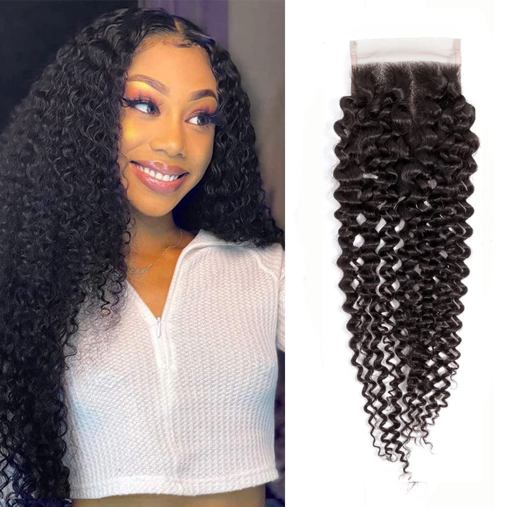 Kinky Curly Lace Closure Human Hair 4x4 Free Part Lace Closure, Natural Black Kinky Hair Brazilian Virgin Human Hair Swiss Lace 