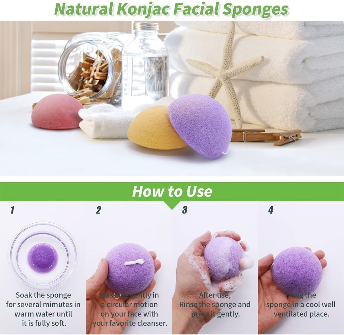 Konjac Face Sponges for Cleansing and Exfoliating, Konjac Facial Sponges for Washing Cleaning Face Body with Activated Charcoal,