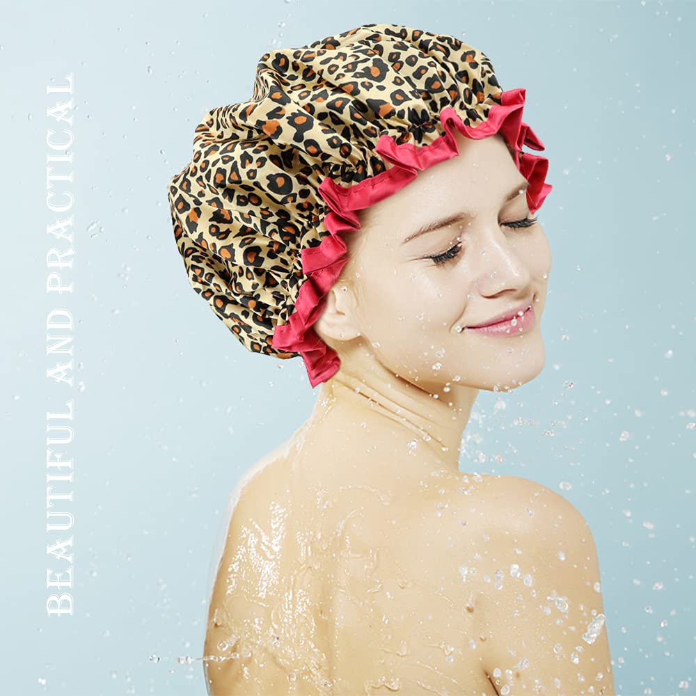 Tcotbe 4 Pieces Shower Cap For Women, Elastic And Reusable, Environmental Protection Hair Bath Caps, Double Waterproof Layers Ba