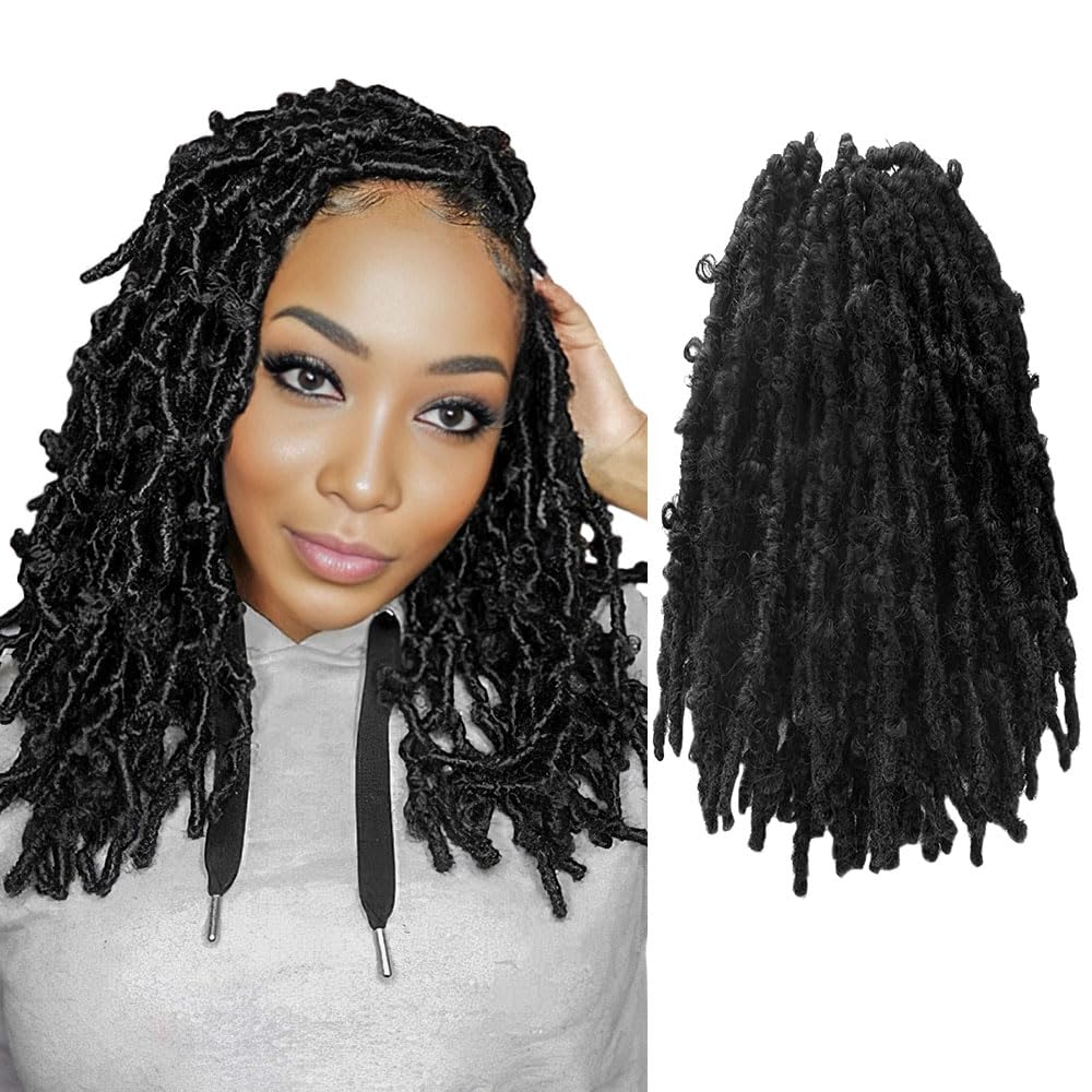 Niseyo 14 Inch Butterfly Locs Crochet Hair 6 Packs Pre Looped Handmade Black Distressed Faux Locs Crochet Braids (1#)