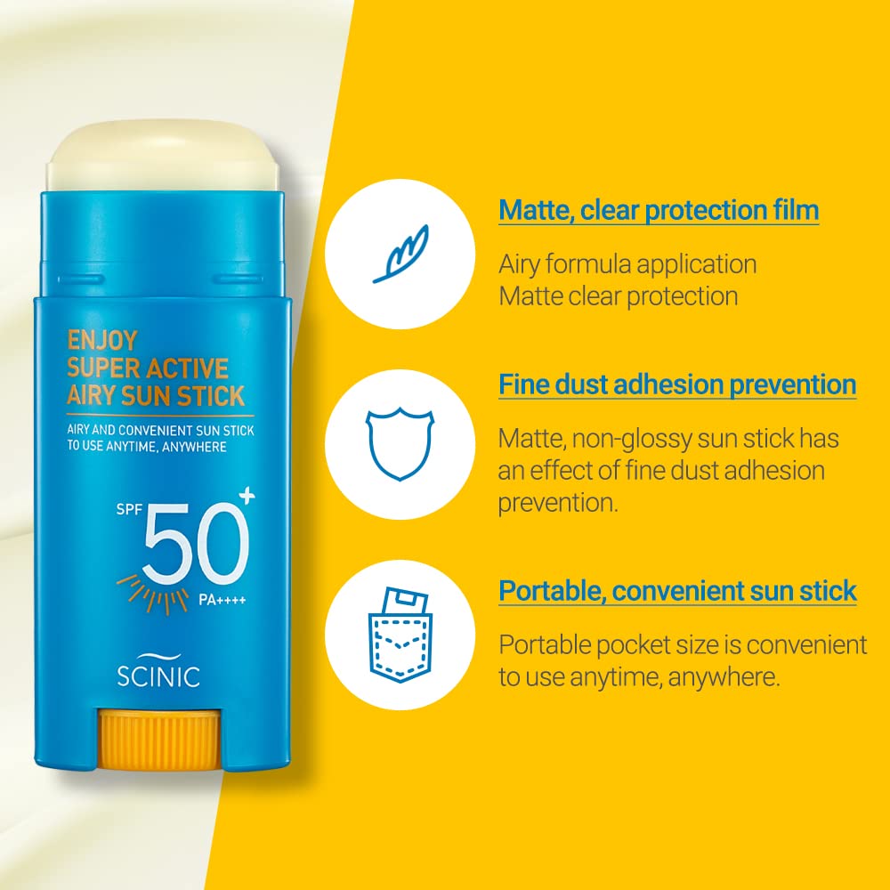 Scinic Enjoy Super Active Airy Sun Stick Spf50+ Pa++++ 0.53Oz (15G) | Strong Uv Protection Anytime, Anywhere Air-Light, Clear |