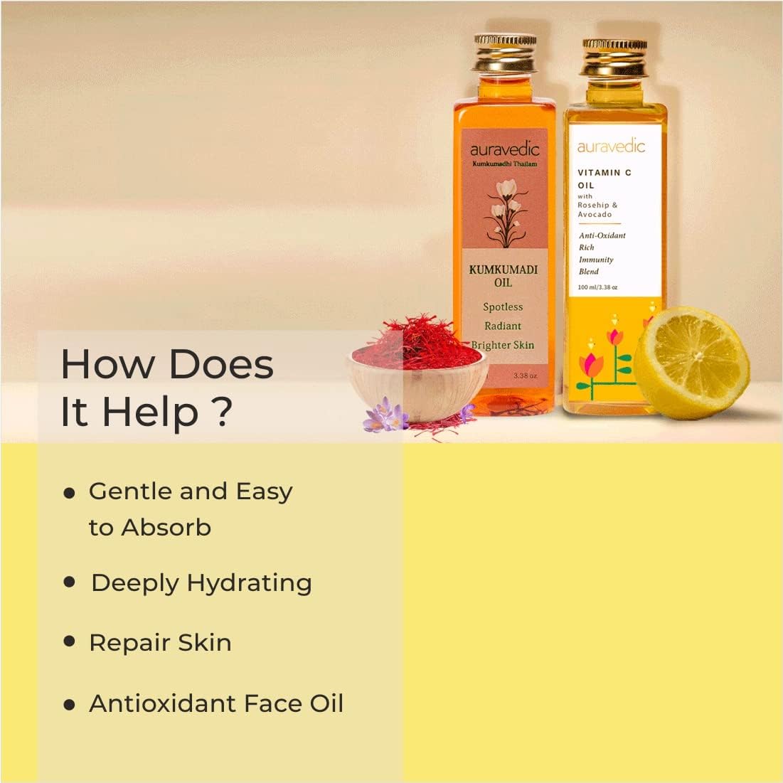 Auravedic Kumkumadi Saffron & Vitamin C Oil | Hydrating Face Moisturizer | Helps Reduce Fine Lines & Nourishes Dry, Dull Skin |