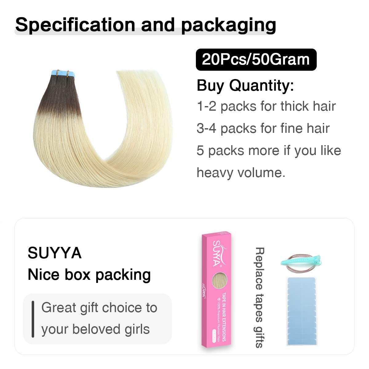 Suyya Tape In Hair Extensions Human Hair Ombre Darkest Brown To Platinum Blonde 18 Inch 50G/Pack 20Pcs Straight Seamless Skin We