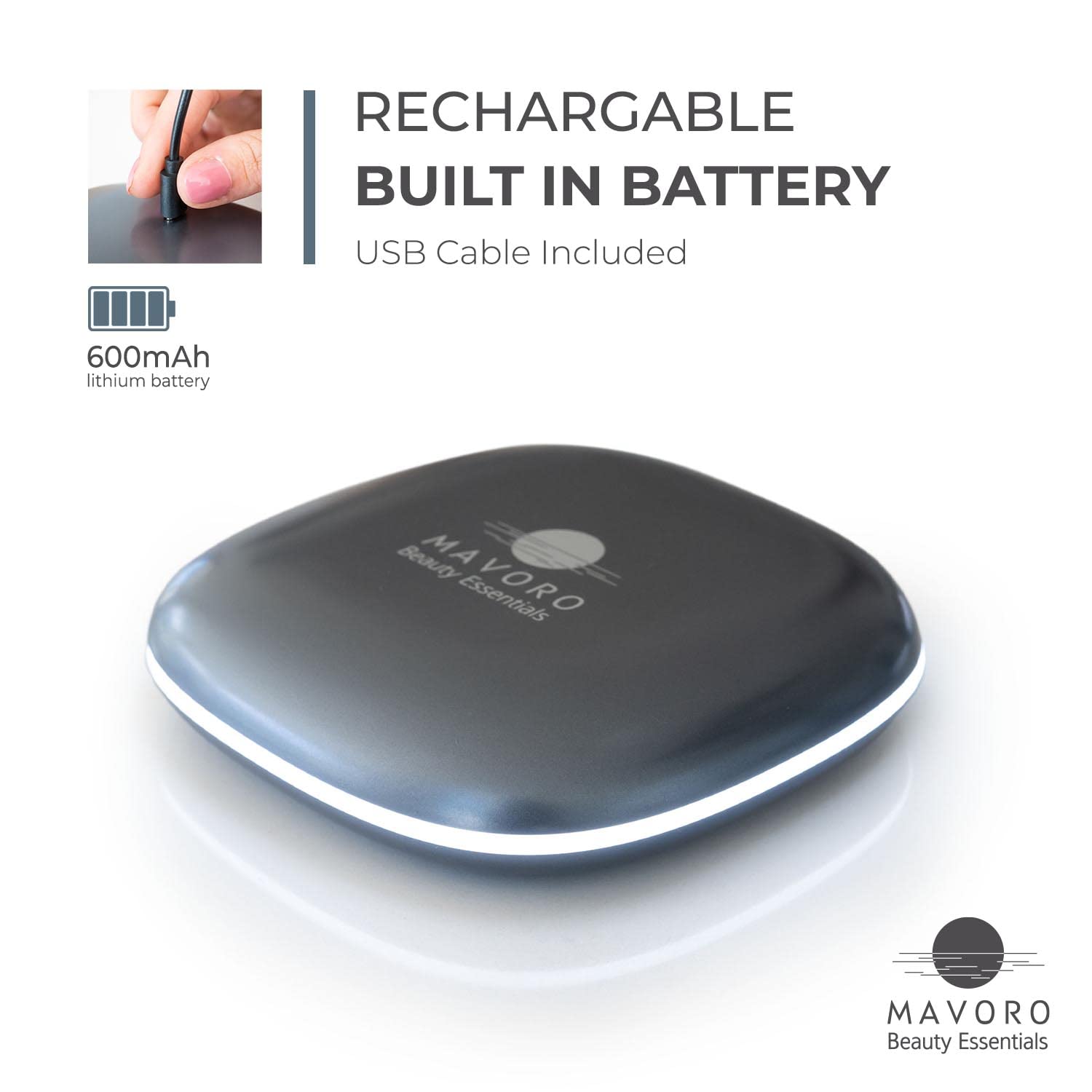 Mavoro LED Travel Makeup Mirror, Rechargeable 1x/10x, Pocket & Purse Compact, Touch Sensor, USB, Graphite Grey