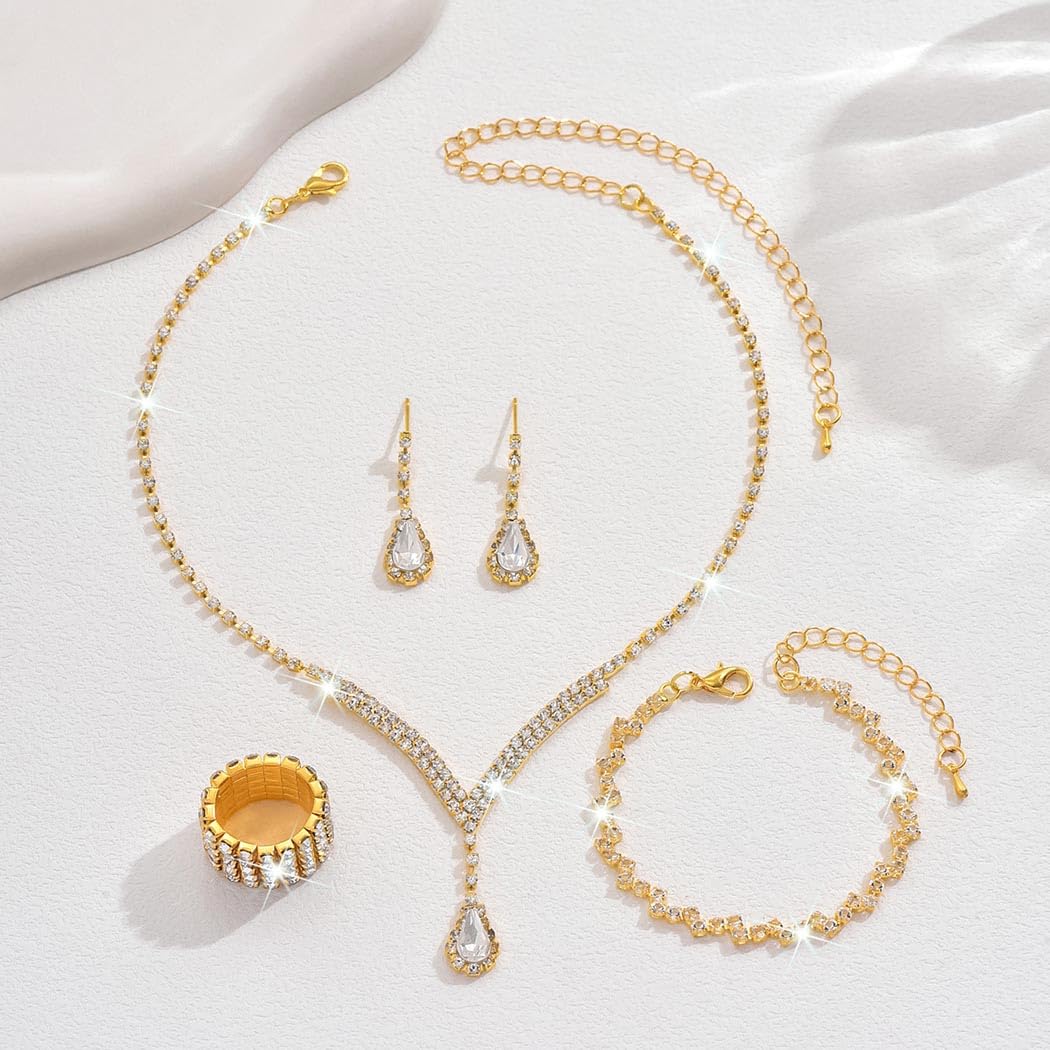Unicra Bridal Wedding Jewelry Set Gold Rhinestone Necklace Earrings Bracelet Ring Sets Formal Costume Jewelry for Women and Brid
