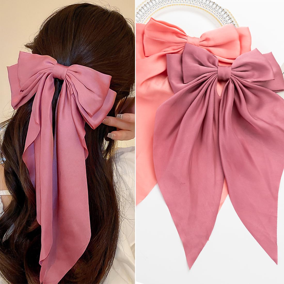 Seneeel Hair Bows 2 Pcs, Hair Bows For Women, Hair Ribbons, Oversized Long-Tail Cute Aesthetic Hair Accessories, Large Hair Barr