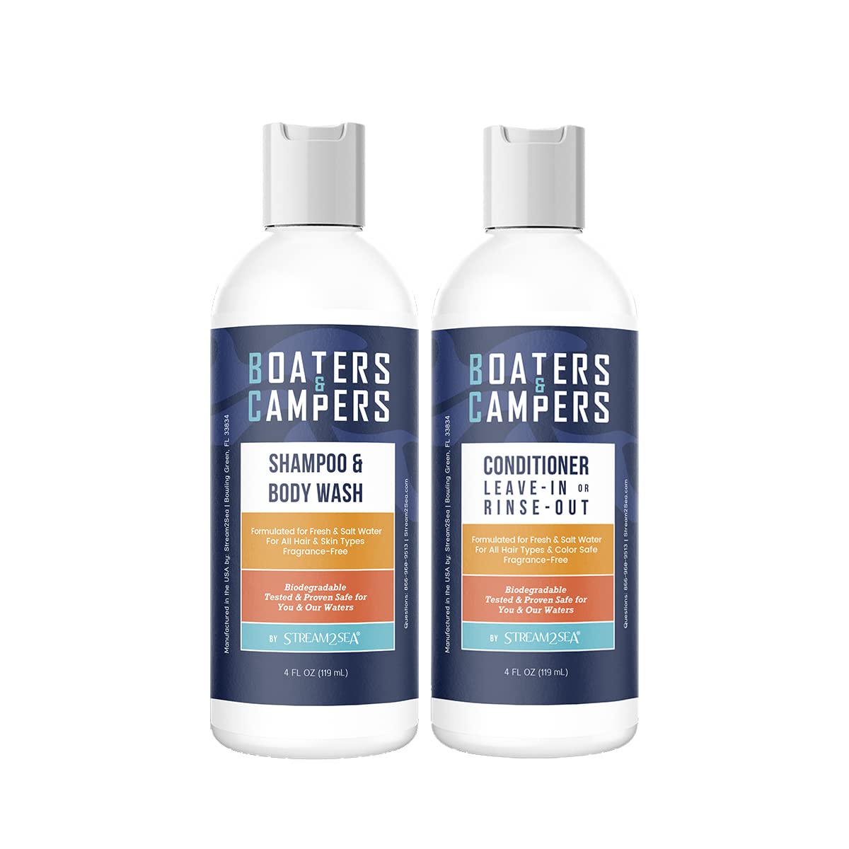 STREAM 2 SEA Boaters and Campers Hair Shampoo and Conditioner Set, 4 oz Reef Safe Fragrance Free All Natural Shampoo and Conditi