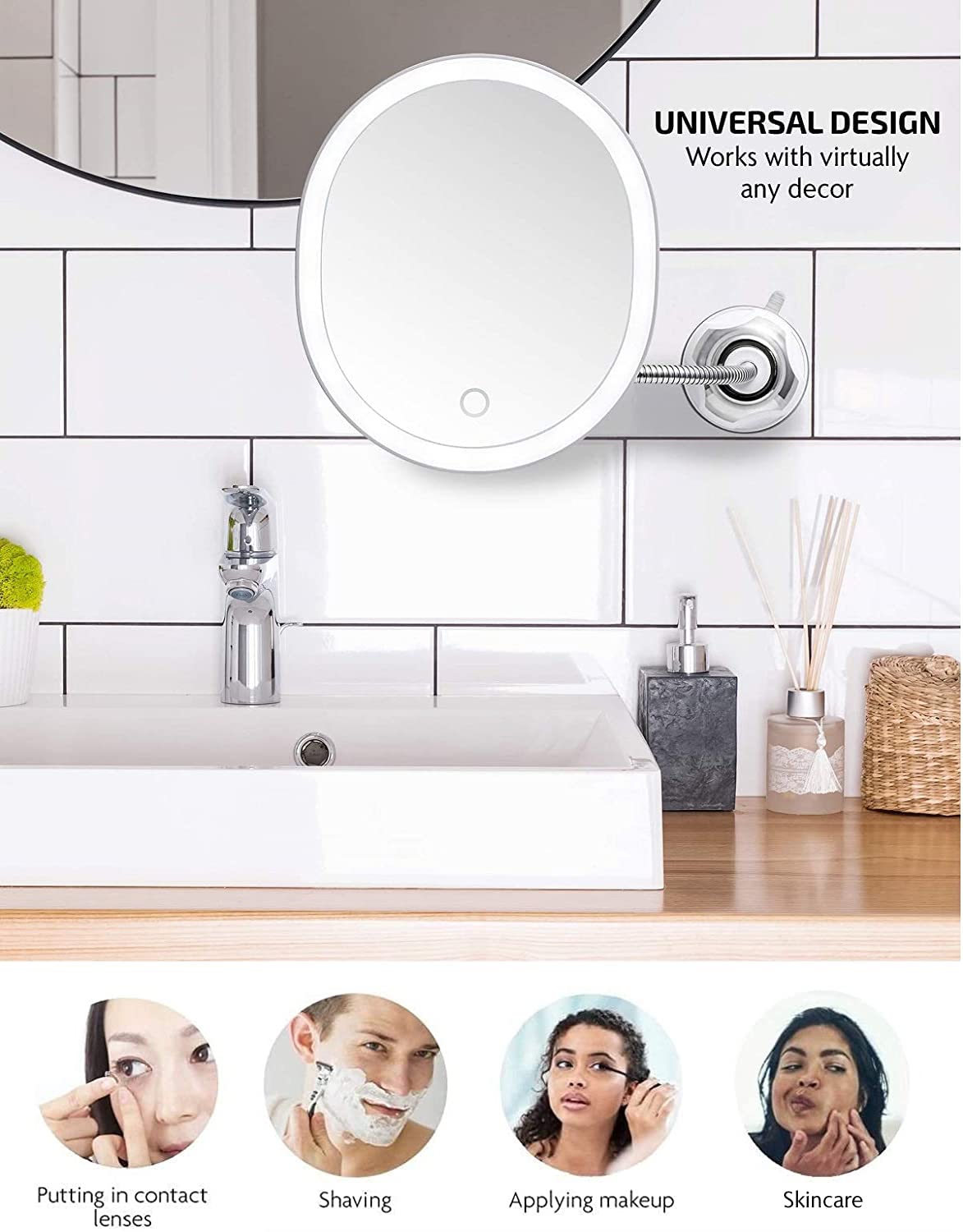 Ovente 8.5'' Lighted Makeup Mirror, Rechargeable Swivel Gooseneck With Attachable Suction Cup Wall Mount,10X Magnetic Mini Magni