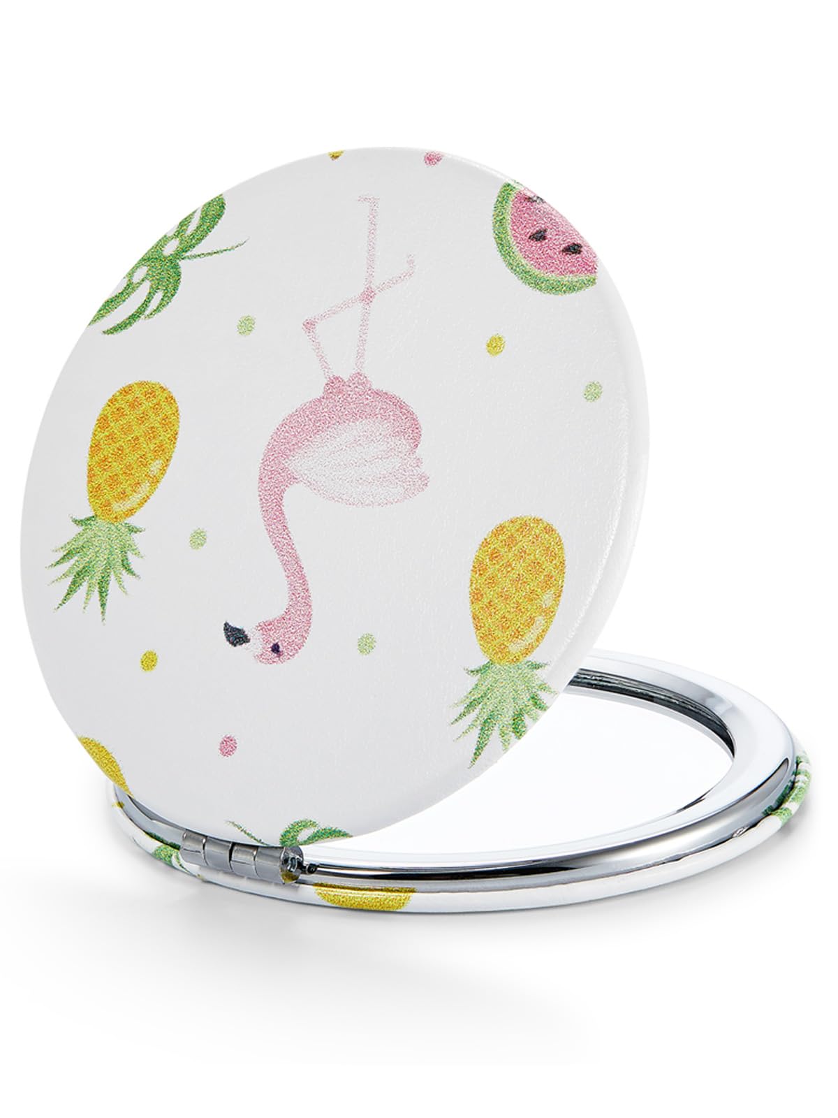 Omiro 1X/10X(300R) Compact Magnifying Mirror, Unique Painting Pocket Mirror With Classical Pu Leather (Round,Flamingo And Tropic