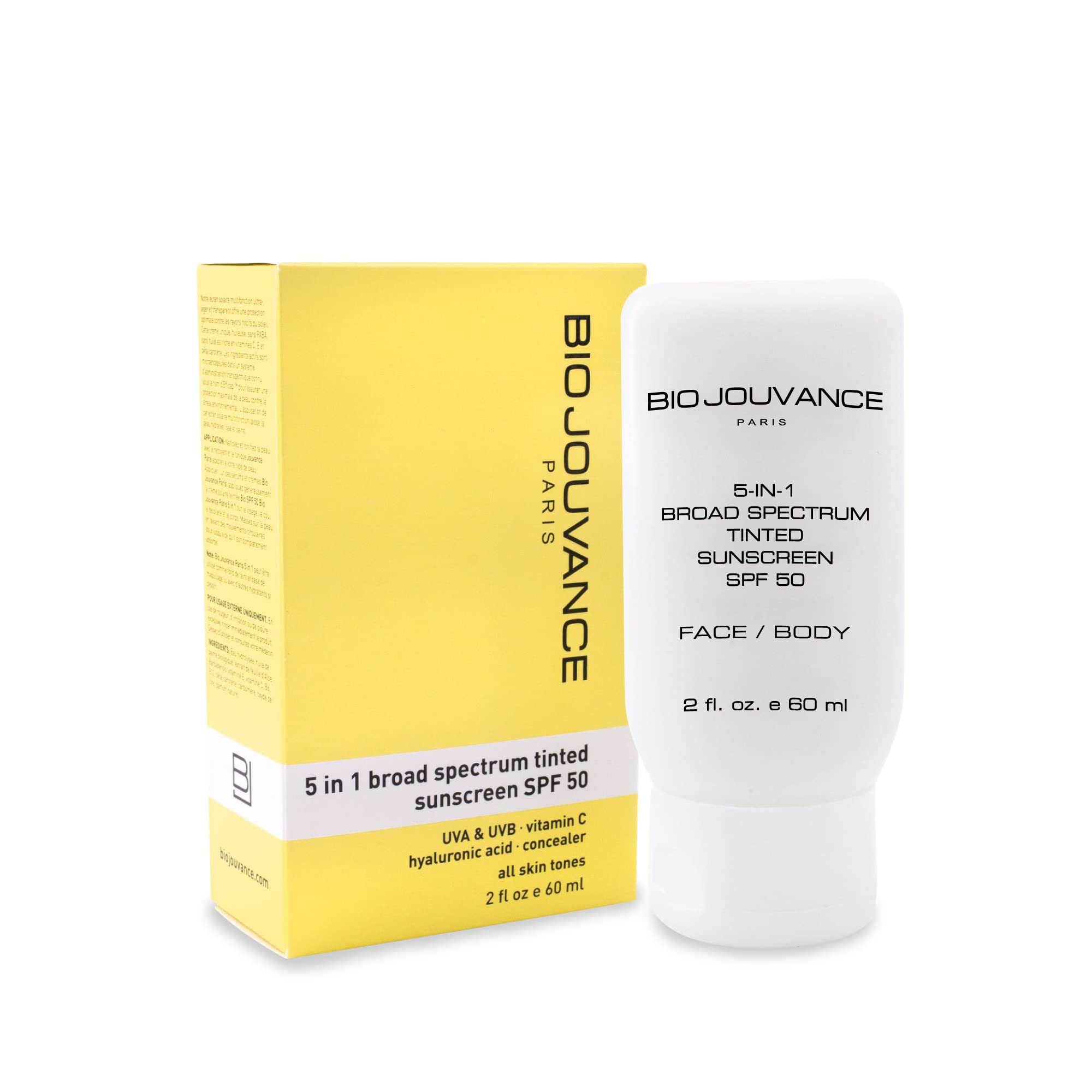 Bio Jouvance - 5-in-1 Tinted Sunscreen SPF 50 Universal 2oz / 60ml - Broad Spectrum | Hydrating Sunburn Lotion | Mineral Zinc Ox