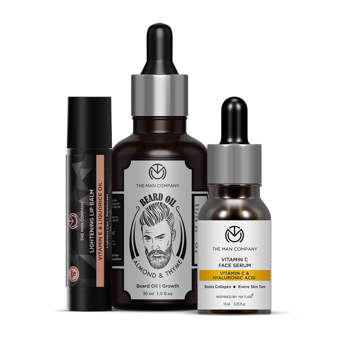 The Man Company Vitamin C Face Serum 10Ml, Beard Oil 30Ml & Lip Balm 4G | Skincare & Grooming Combo | Valentine Gift Set For Hus