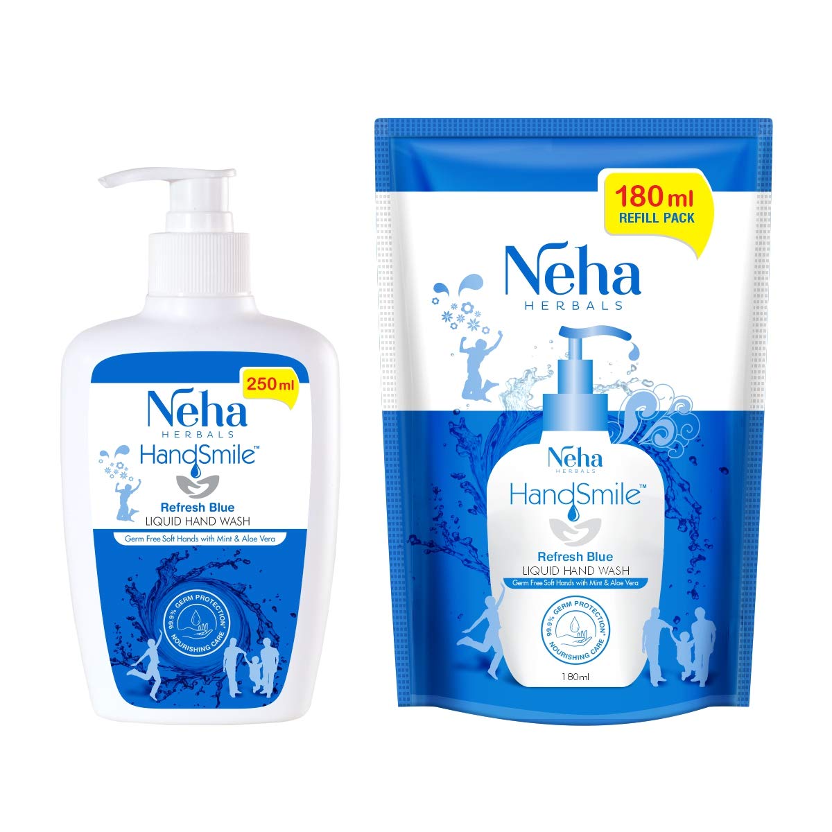Neha Herbals Handwash Pump 250Ml & 180 Ml Refill Pouch (Pack Of 2) (Blue)