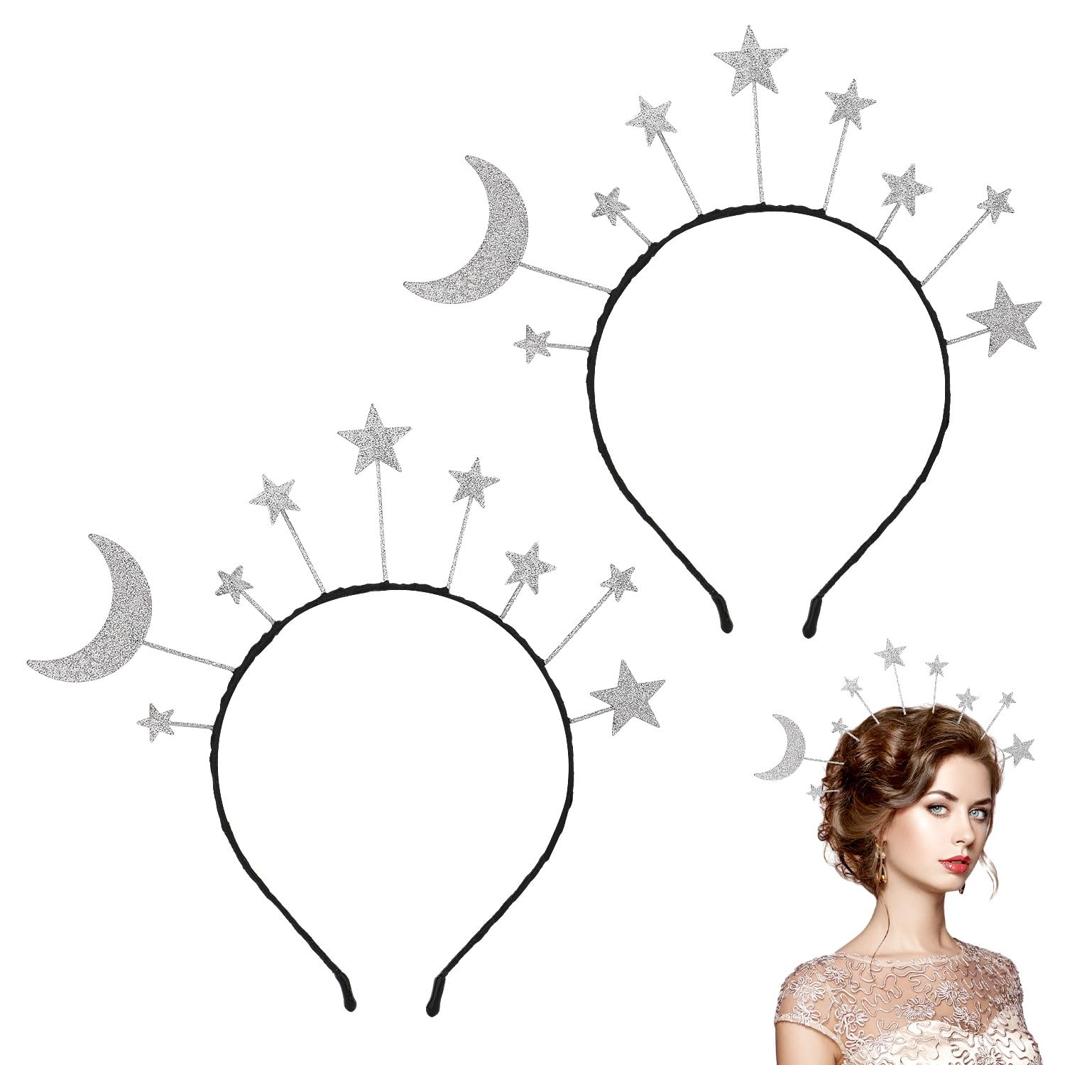 XIHIRCD 2pcs Star Moon Headband, Glitter Sliver Star Halo Headband Alloy Star Hair Hoop Shiny Goddess Star Headpiece Hair Access