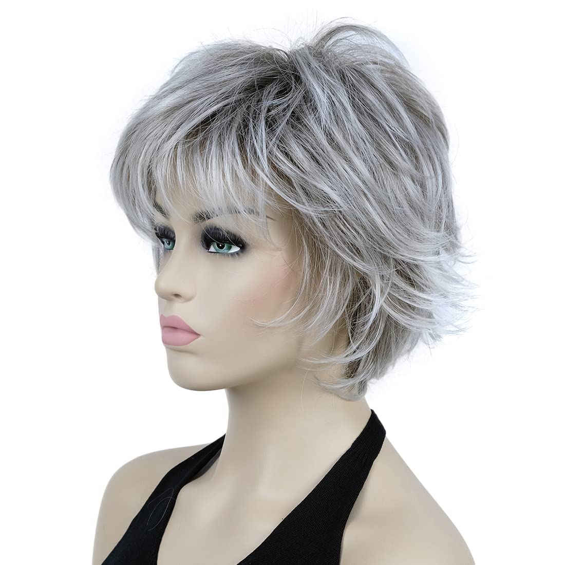 Lydell 8 Short Layered Shaggy Wavy Full Synthetic Wigs (48T Light Gray with Dark Root)