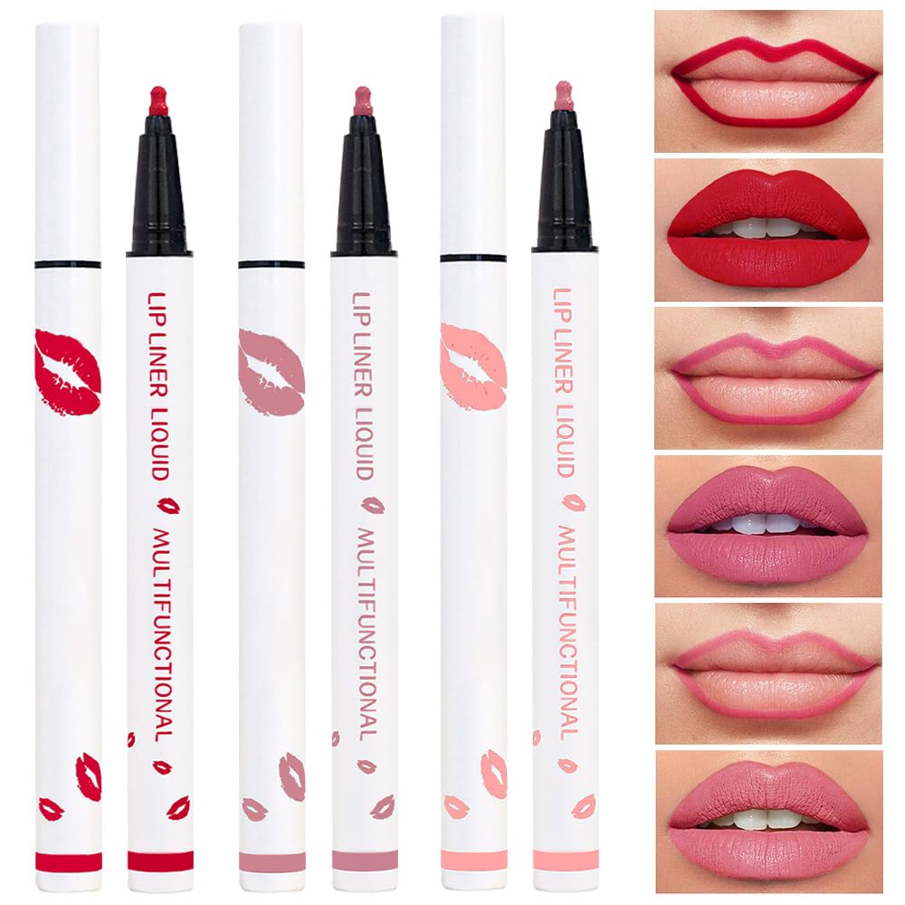Kaely 3Pcs Ruby Red Dusty Pink Warm Pink Longwear Liquid Lip Liner Waterproof, 24 Hour Long Lasting Lip Liner Stain Marker Pen, 