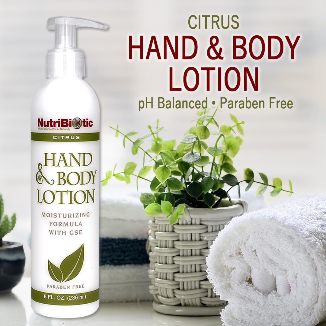 NutriBiotic - Hand & Body Lotion, Citrus, 8 Fl Oz | Biodegradable | Vegan | Gentle Moisturizing | No Dyes or Colorings | pH Bala